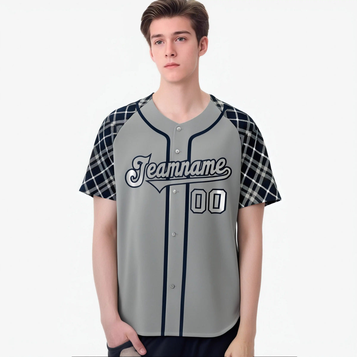 Custom Gray Navy-Black Authentic Plaid sleeve Baseball Jersey
