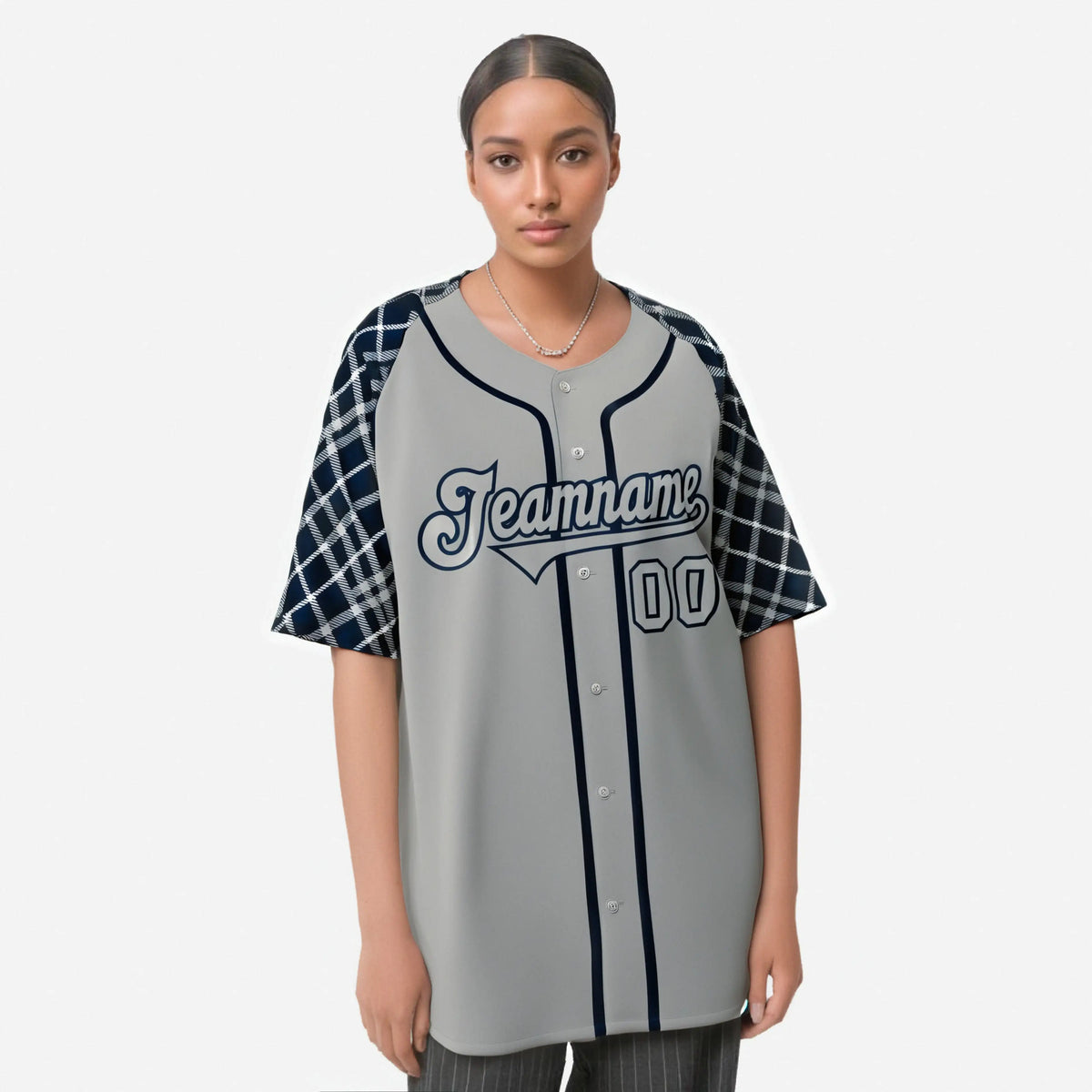 Custom Gray Navy-Black Authentic Plaid sleeve Baseball Jersey