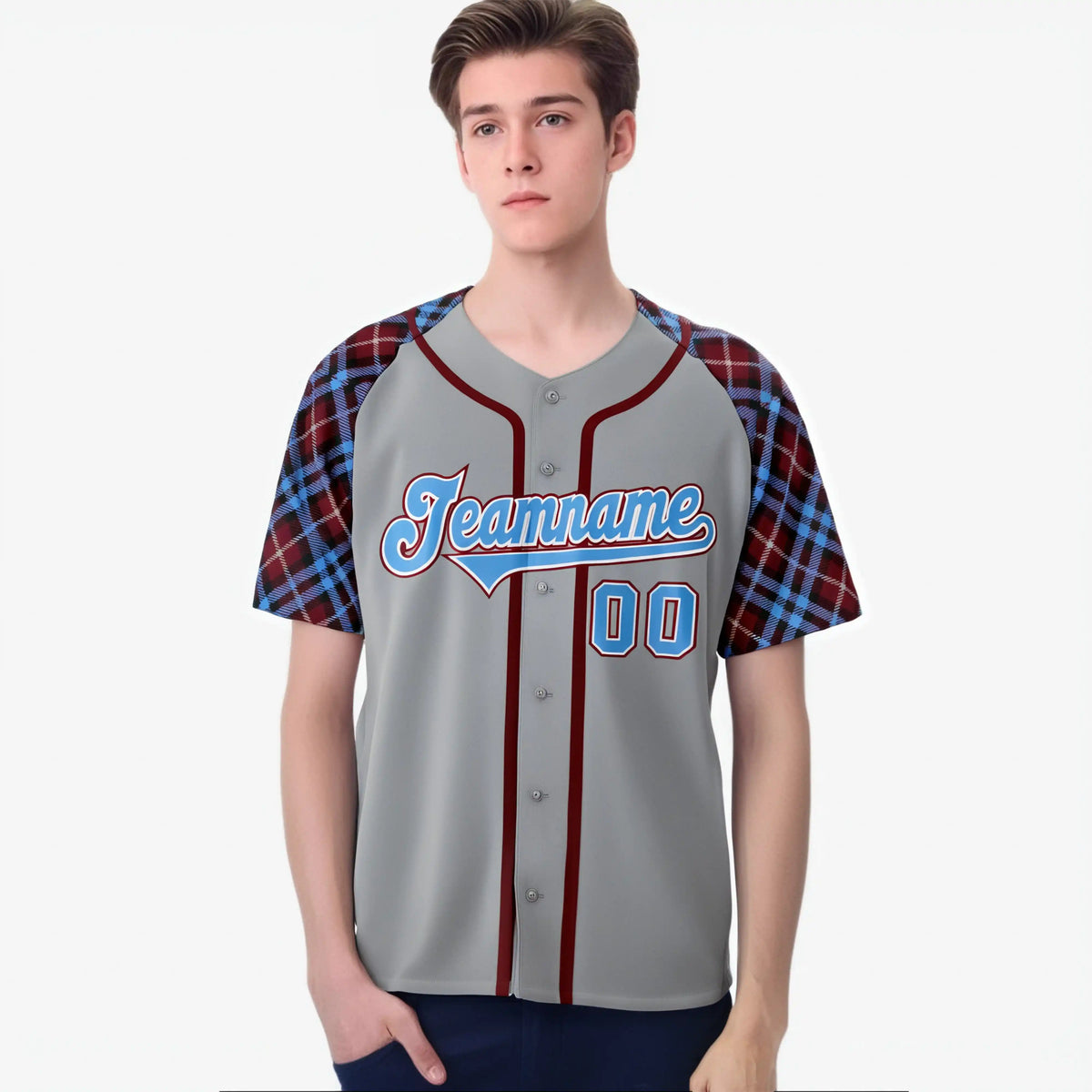 Custom Gray Blue-Red White Authentic Plaid sleeve Baseball Jersey