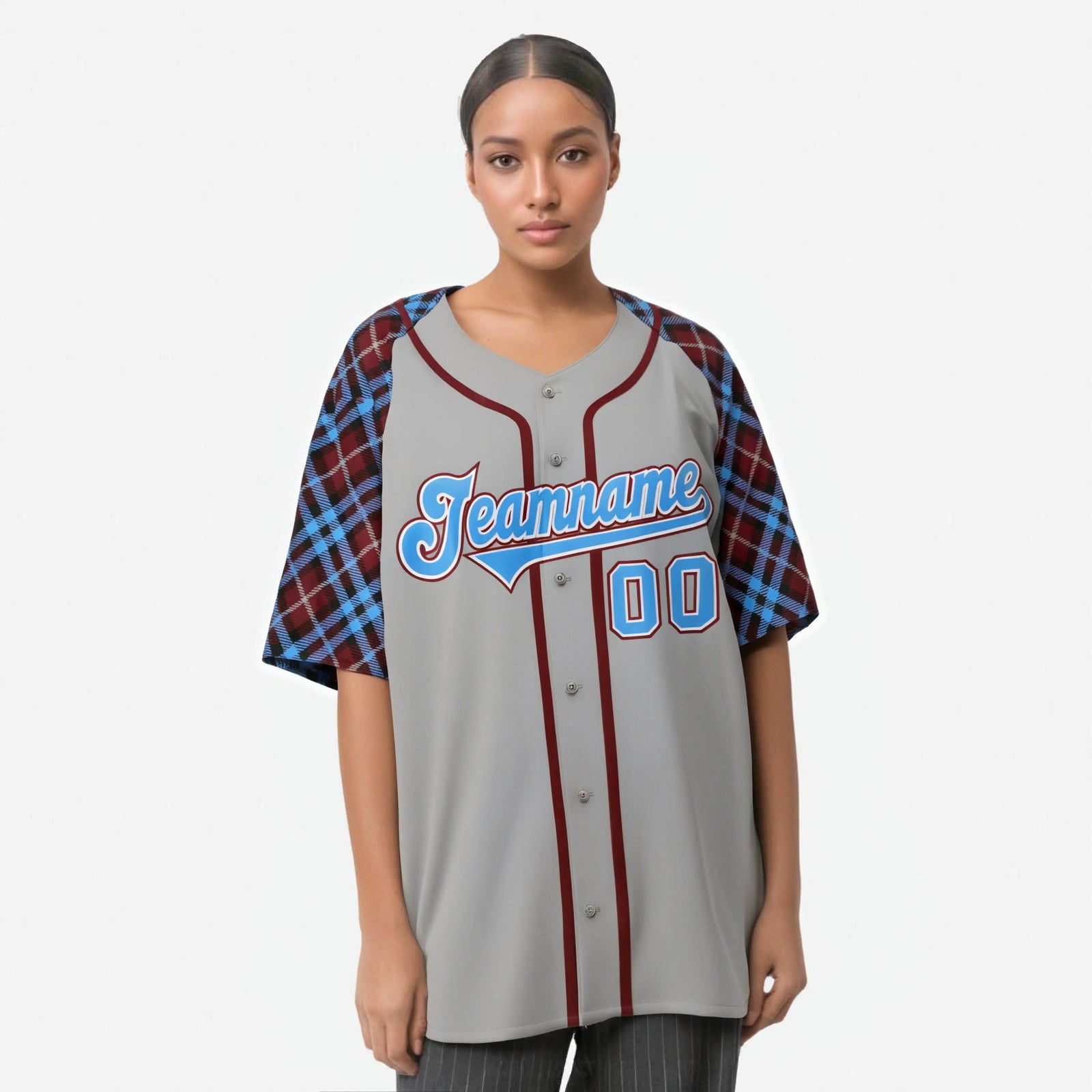 Custom Gray Blue-Red White Authentic Plaid sleeve Baseball Jersey