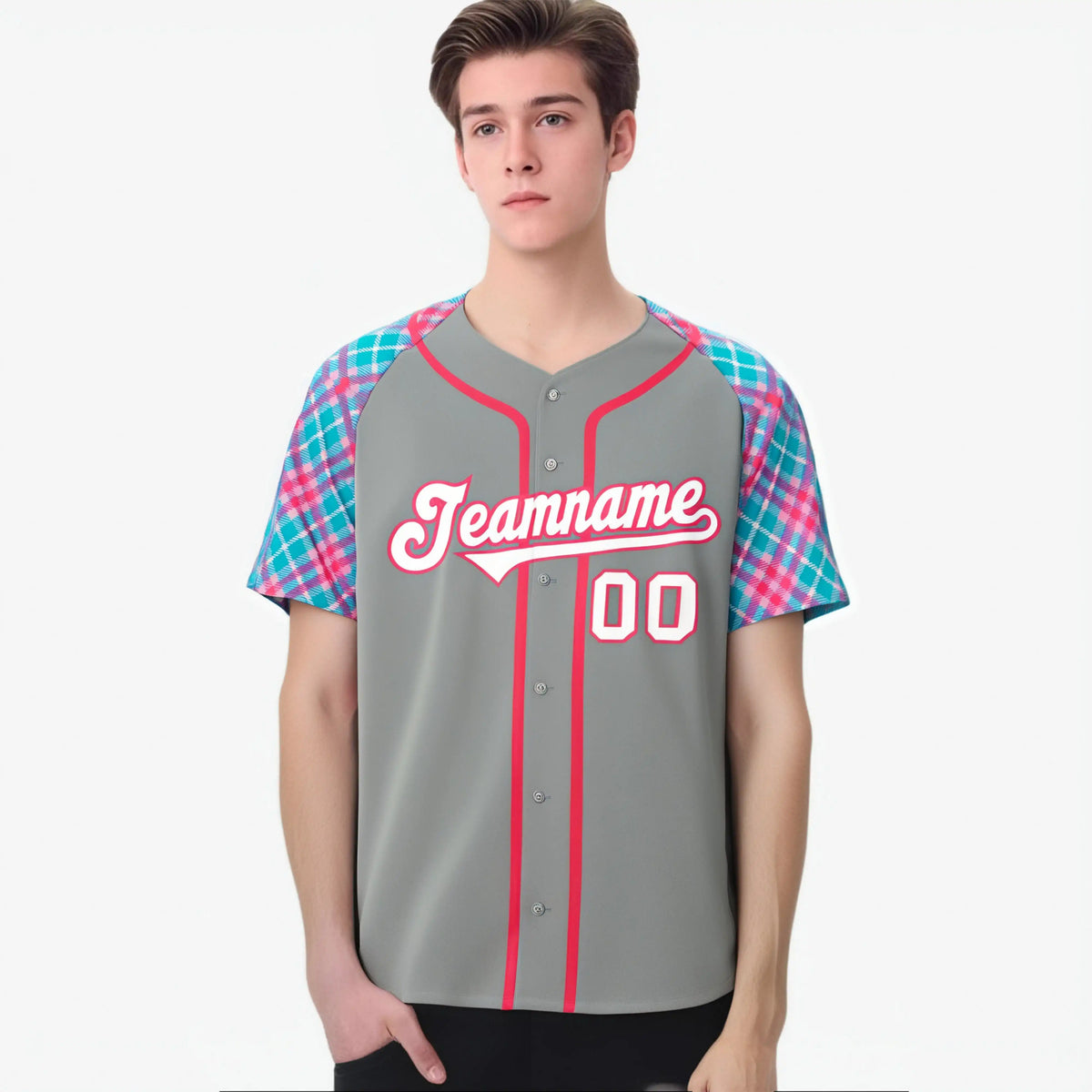 Custom Gray Blue-Pink White Authentic Plaid sleeve Baseball Jersey