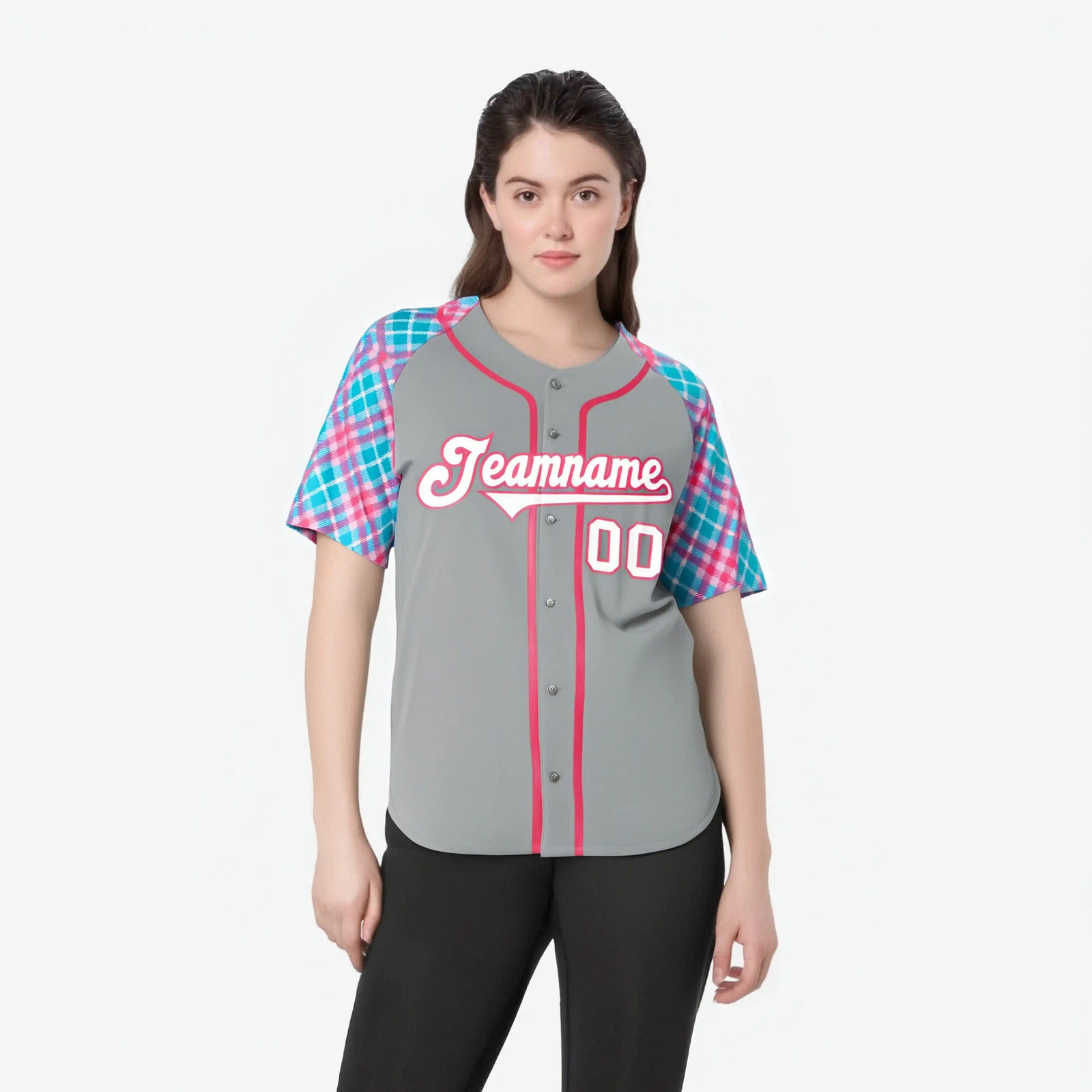 Custom Gray Blue-Pink White Authentic Plaid sleeve Baseball Jersey