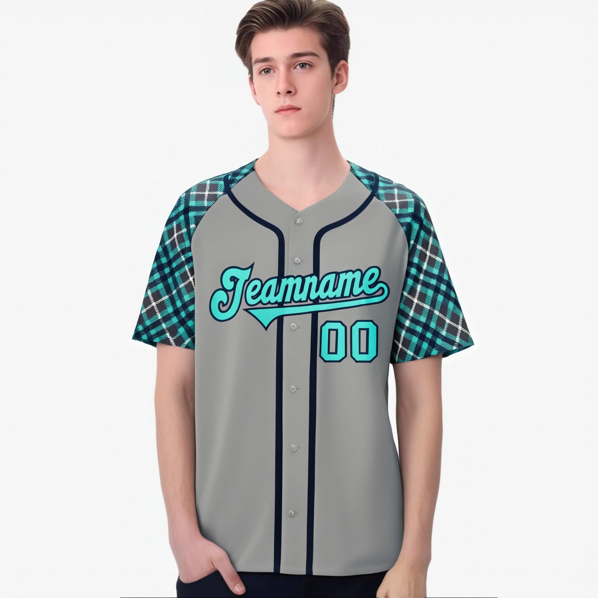 Custom Gray Blue-Navy White Authentic Plaid sleeve Baseball Jersey