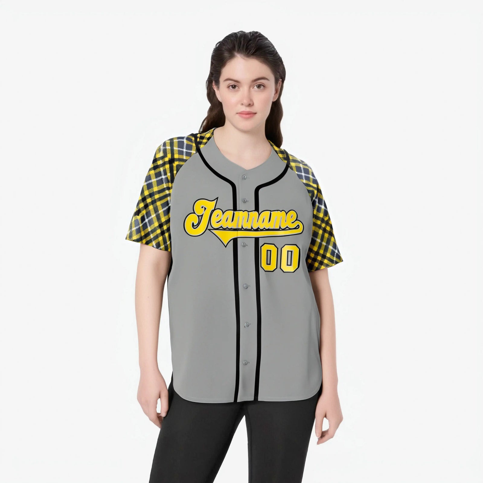 Custom Gray Yellow-Black White Authentic Plaid sleeve Baseball Jersey