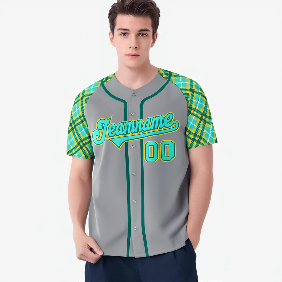 Custom Gray Midnight Green Light Blue White Authentic Plaid sleeve Baseball Jersey