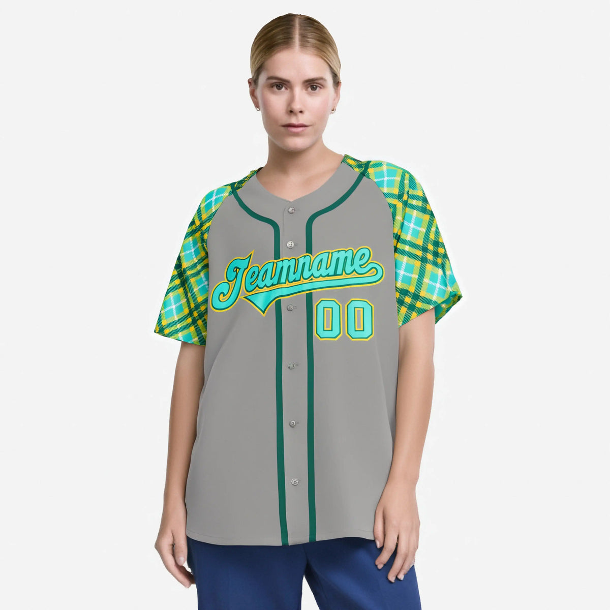 Custom Gray Midnight Green Light Blue White Authentic Plaid sleeve Baseball Jersey
