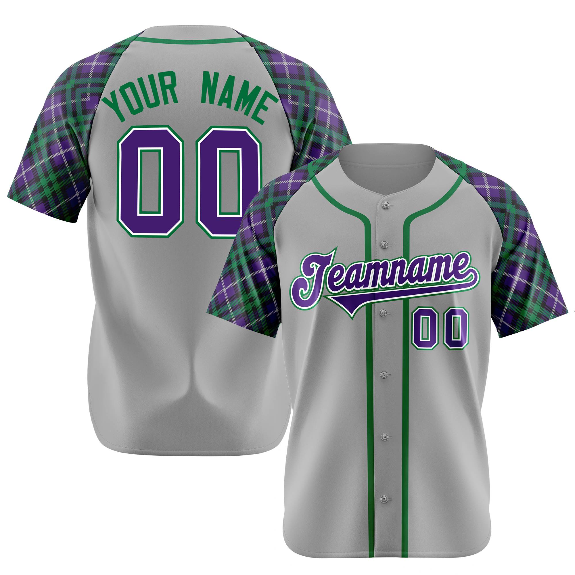 Custom Gray Purple-Green White Authentic Plaid sleeve Baseball Jersey