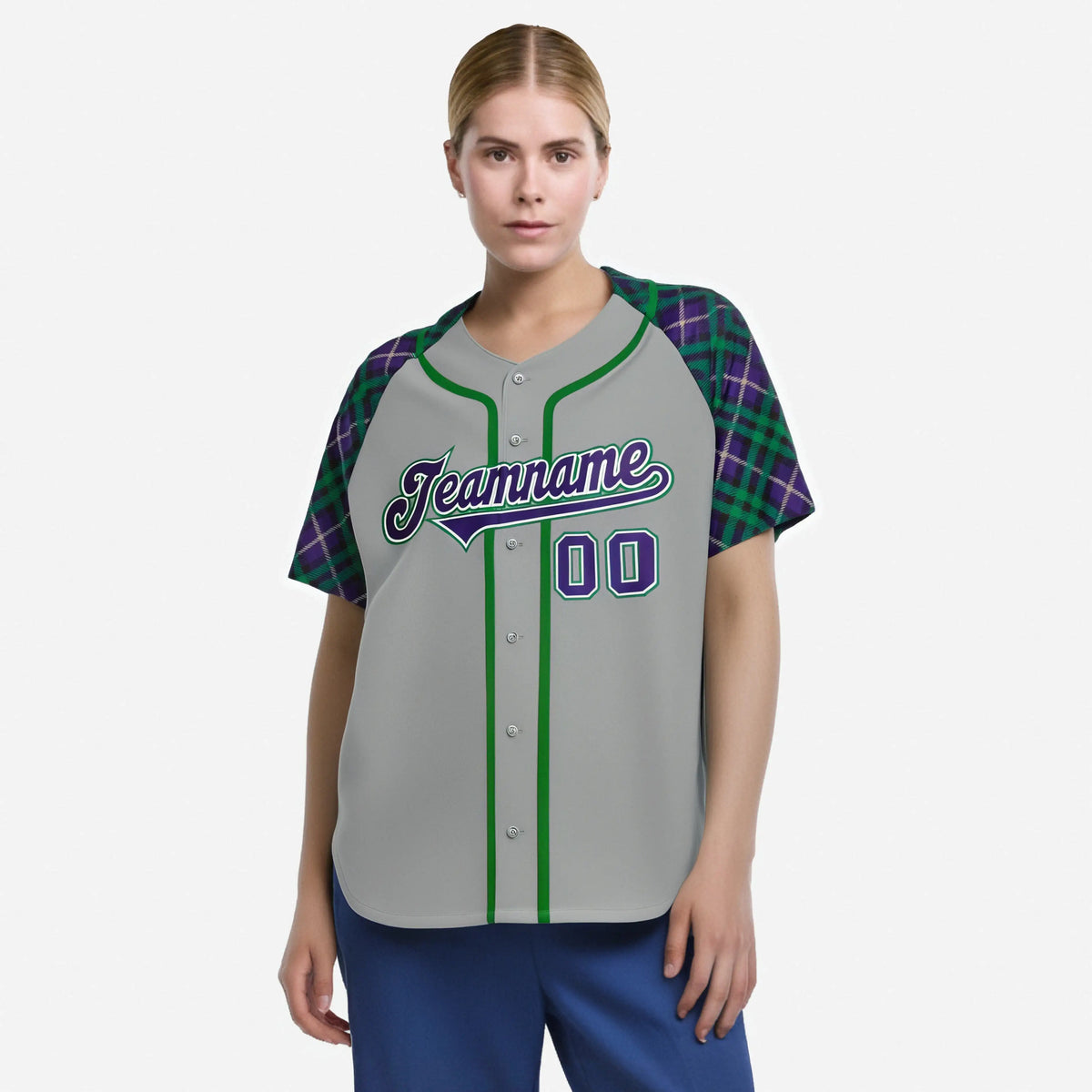 Custom Gray Purple-Green White Authentic Plaid sleeve Baseball Jersey