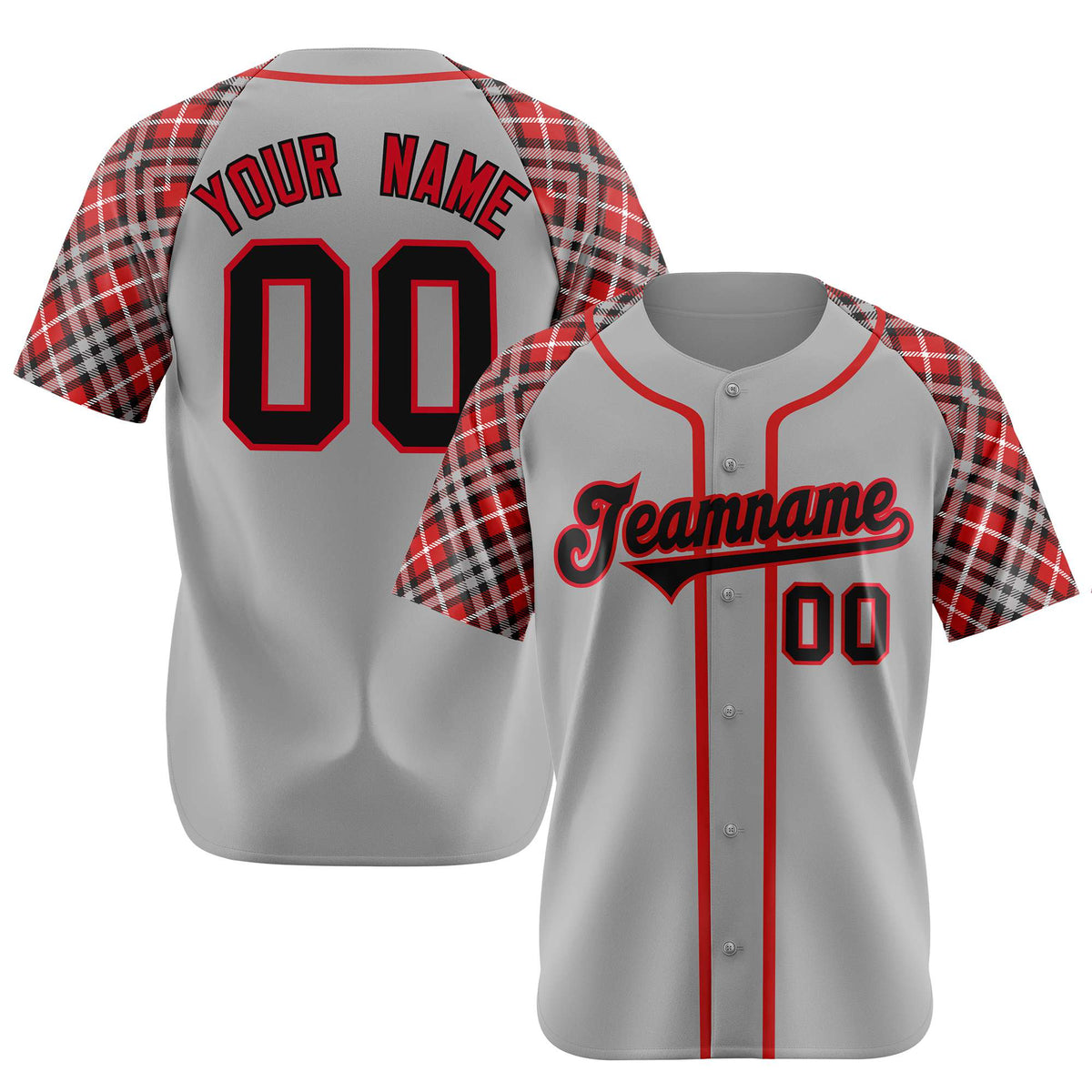 Custom Gray Fire Red Black Authentic Plaid sleeve Baseball Jersey