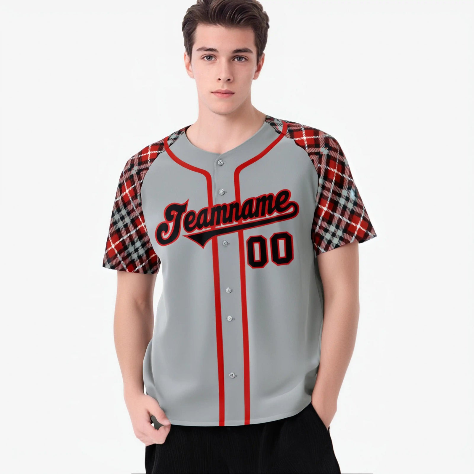 Custom Gray Fire Red Black Authentic Plaid sleeve Baseball Jersey