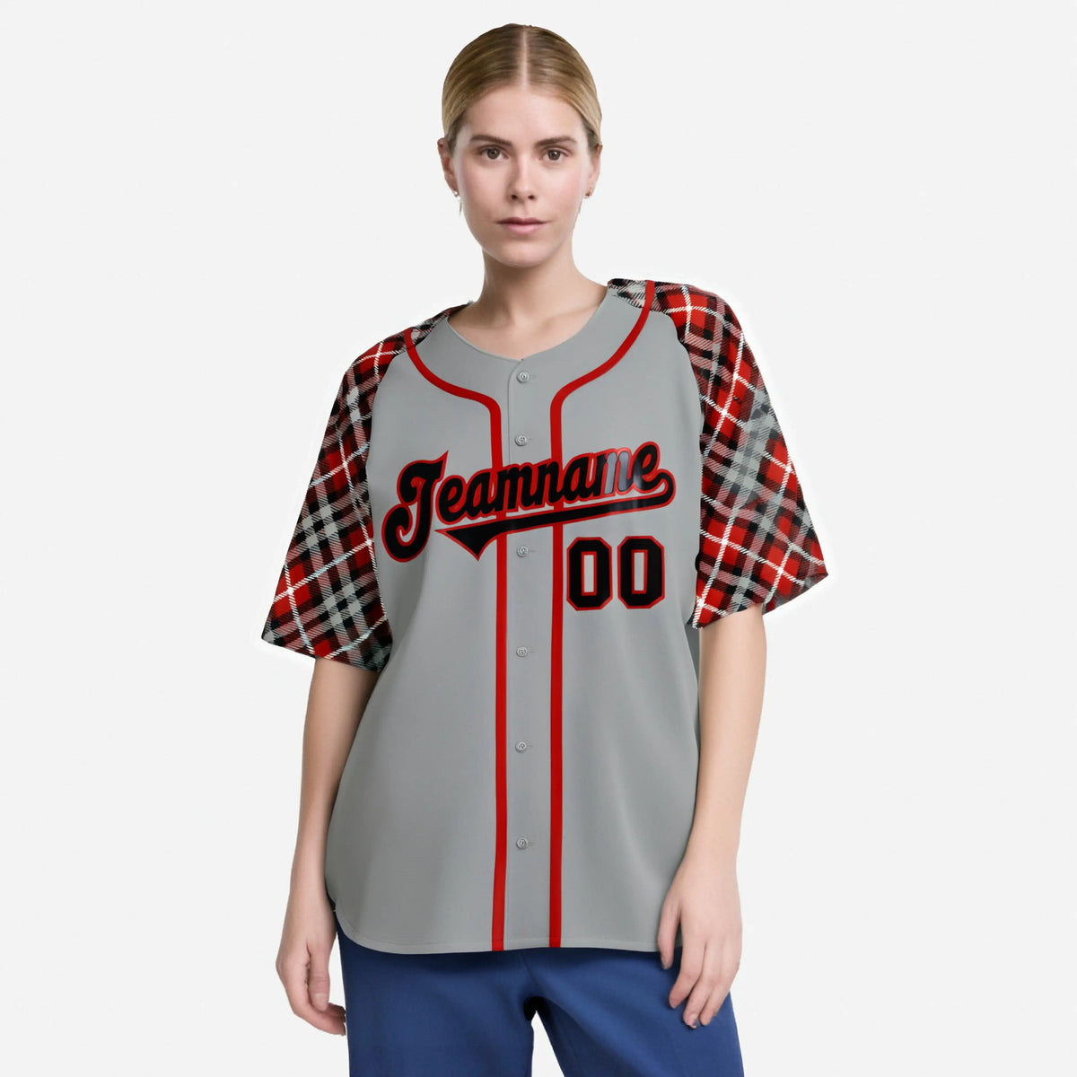 Custom Gray Fire Red Black Authentic Plaid sleeve Baseball Jersey