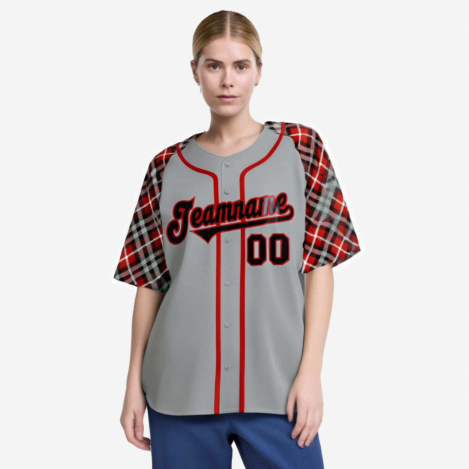 Custom Gray Fire Red Black Authentic Plaid sleeve Baseball Jersey