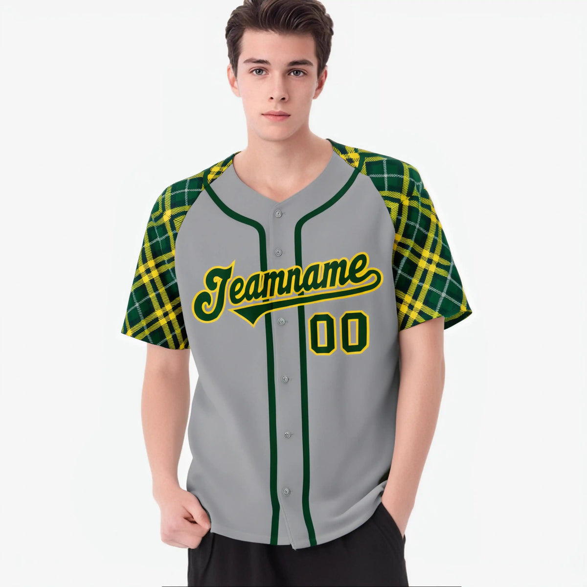 Custom Gray Green-Gold Authentic Plaid sleeve Baseball Jersey