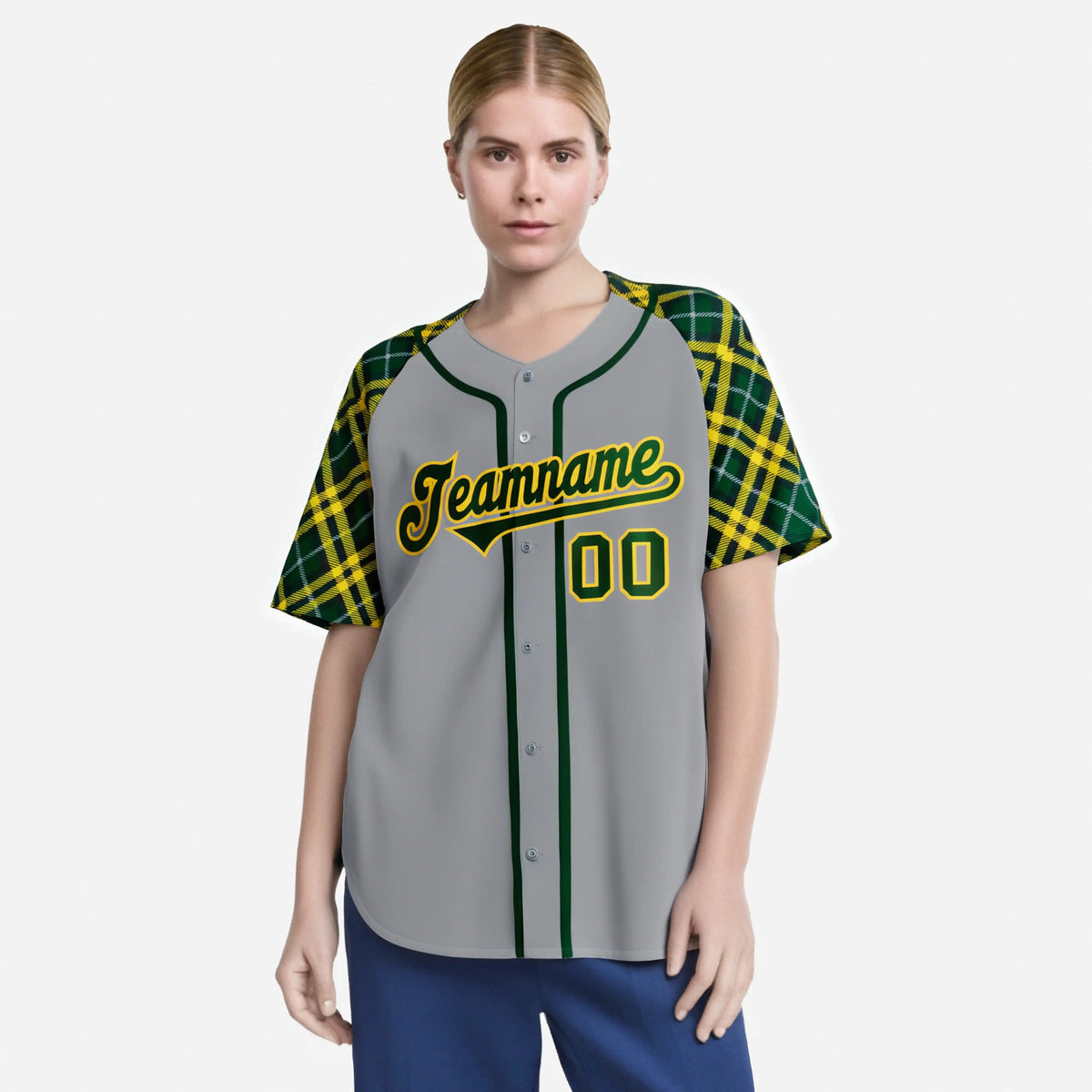 Custom Gray Green-Gold Authentic Plaid sleeve Baseball Jersey