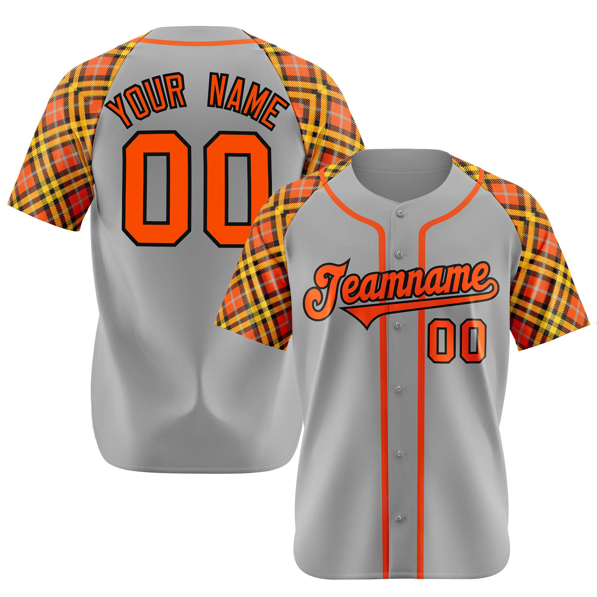 Custom Gray Orange-Yellow Authentic Plaid sleeve Baseball Jersey