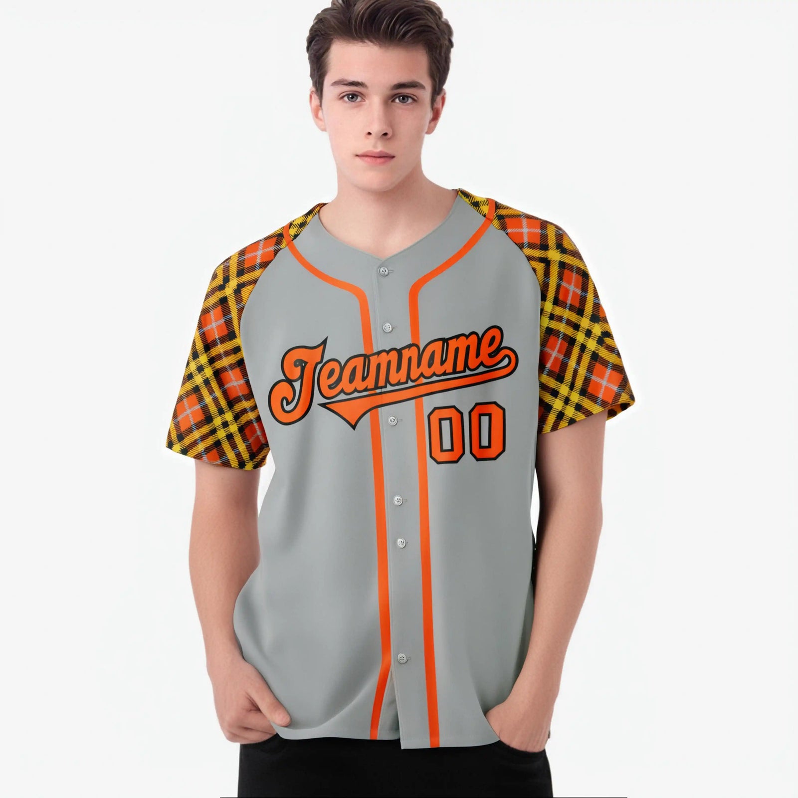 Custom Gray Orange-Yellow Authentic Plaid sleeve Baseball Jersey