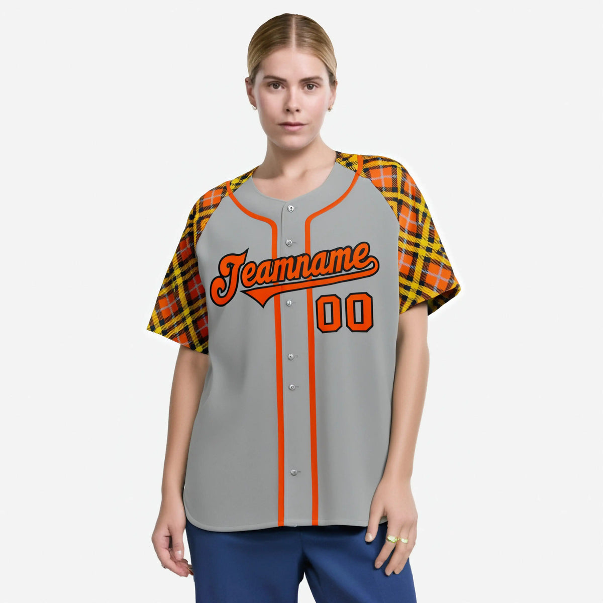 Custom Gray Orange-Yellow Authentic Plaid sleeve Baseball Jersey