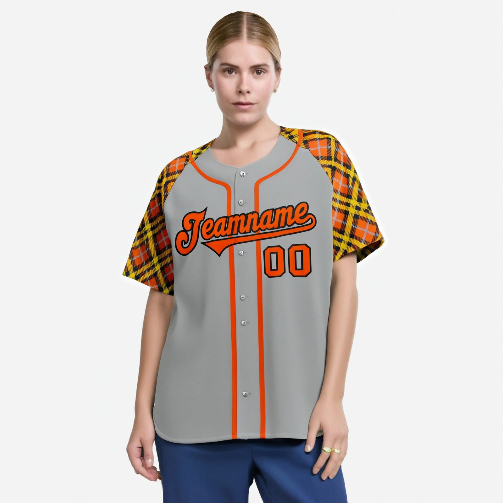 Custom Gray Orange-Yellow Authentic Plaid sleeve Baseball Jersey
