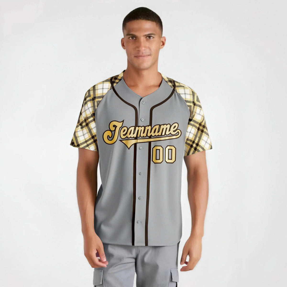 Custom Gray Old-Gold Black Authentic Plaid sleeve Baseball Jersey