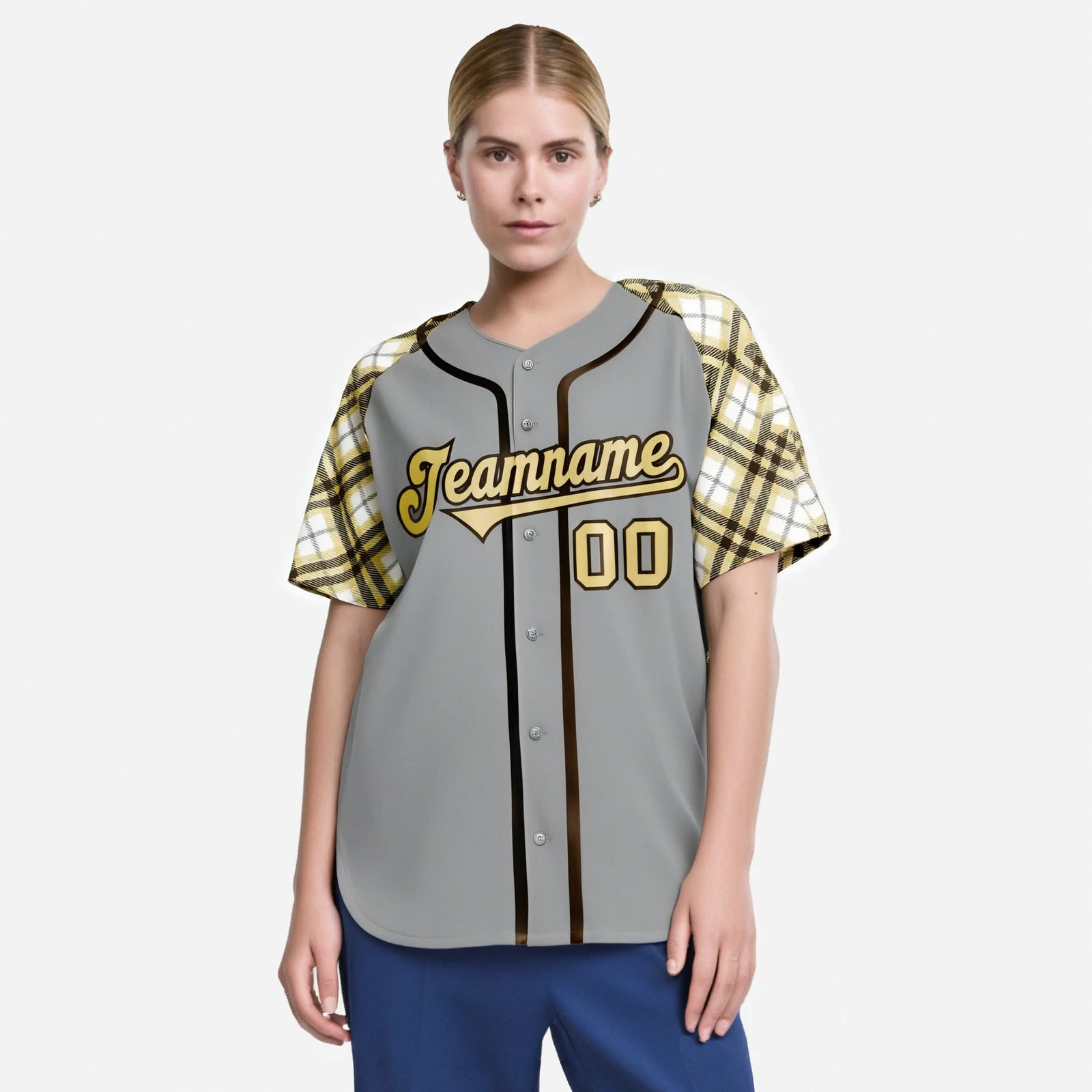 Custom Gray Old-Gold Black Authentic Plaid sleeve Baseball Jersey