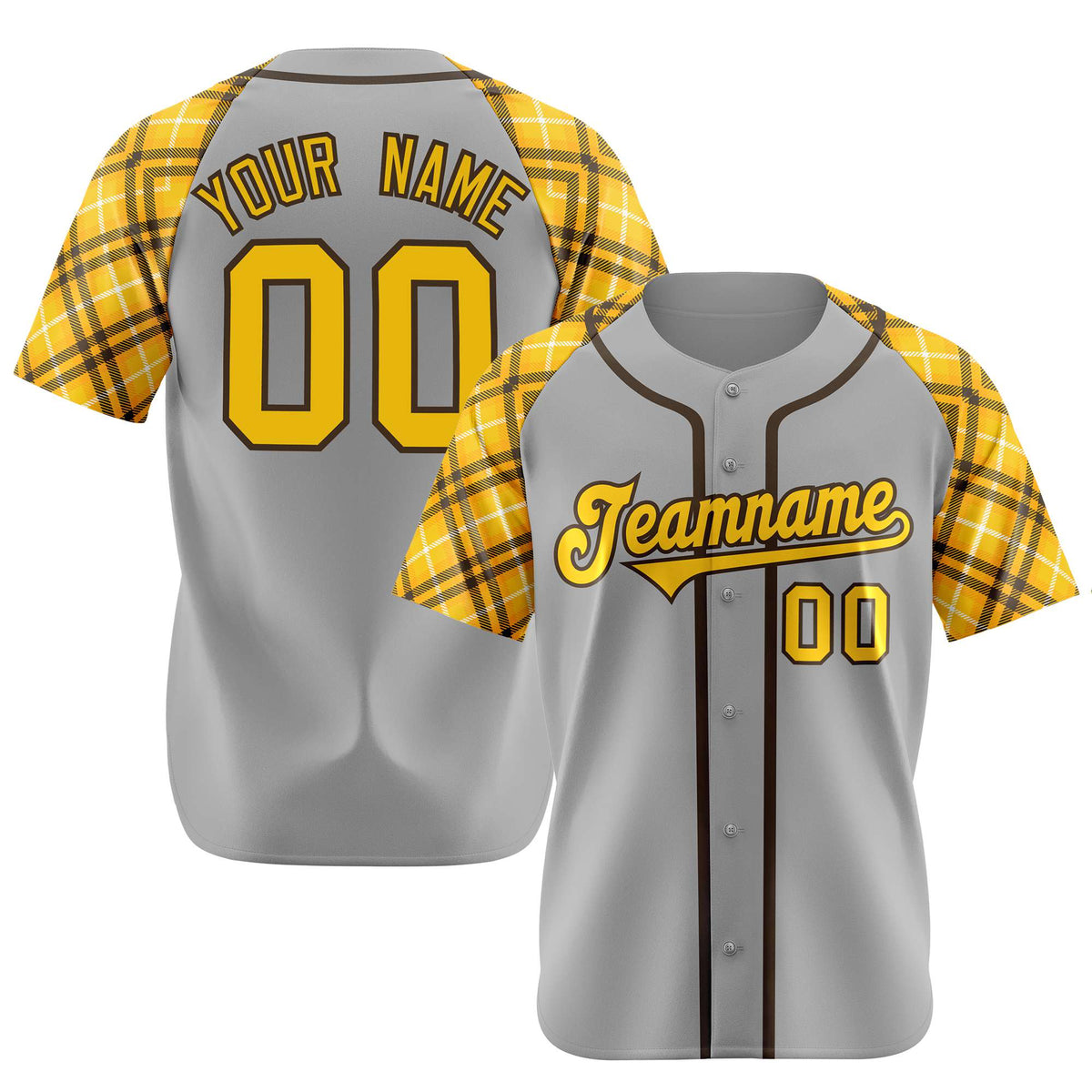 Custom Gray Yellow-Black Authentic Plaid sleeve Baseball Jersey