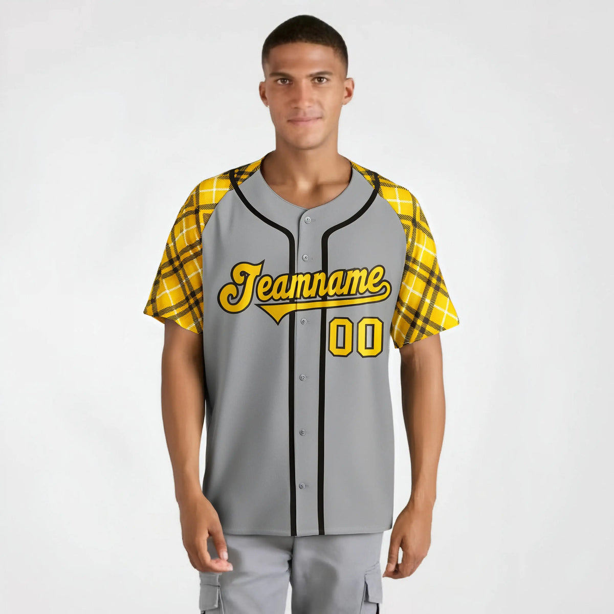 Custom Gray Yellow-Black Authentic Plaid sleeve Baseball Jersey