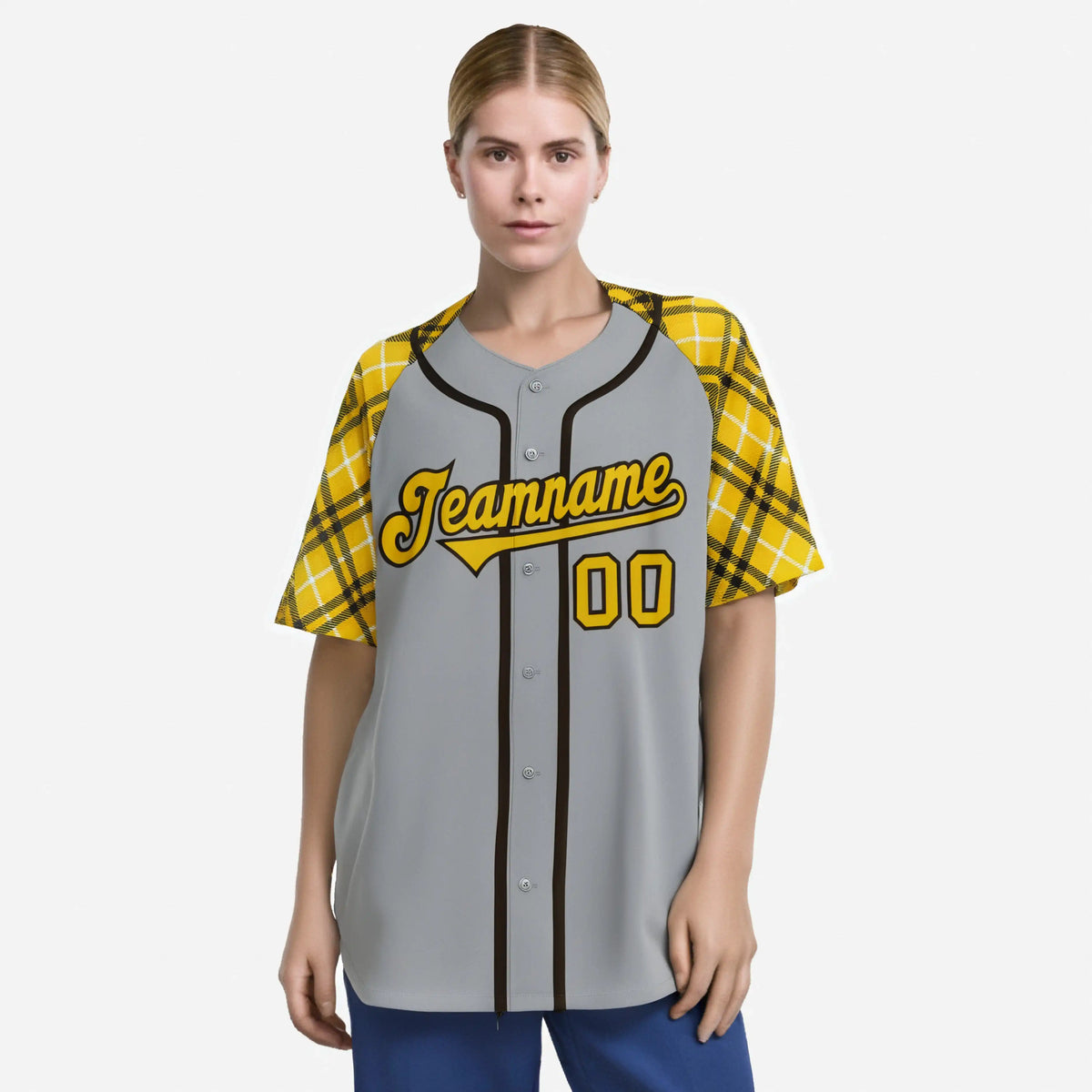 Custom Gray Yellow-Black Authentic Plaid sleeve Baseball Jersey