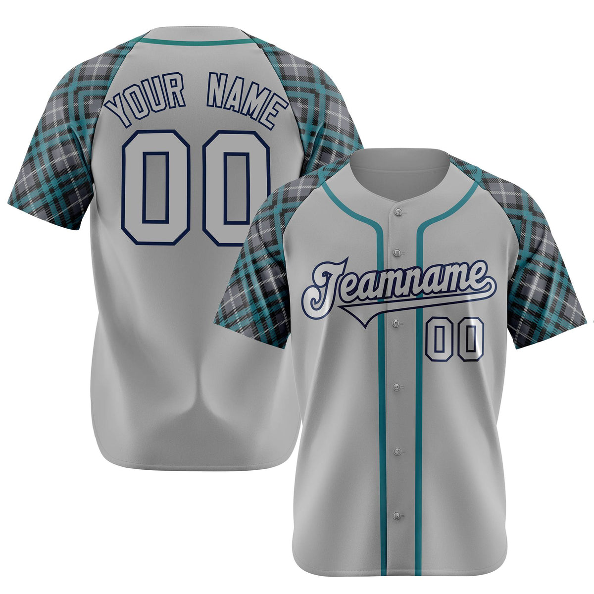 Custom Gray Midnight-Green Navy Authentic Plaid sleeve Baseball Jersey