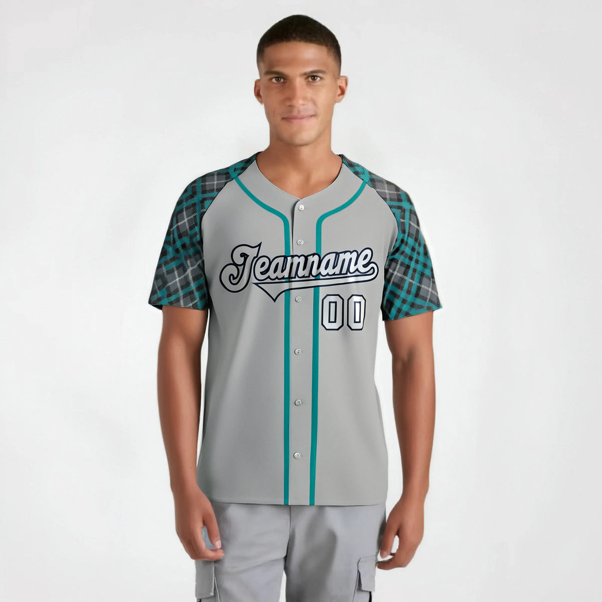 Custom Gray Midnight-Green Navy Authentic Plaid sleeve Baseball Jersey