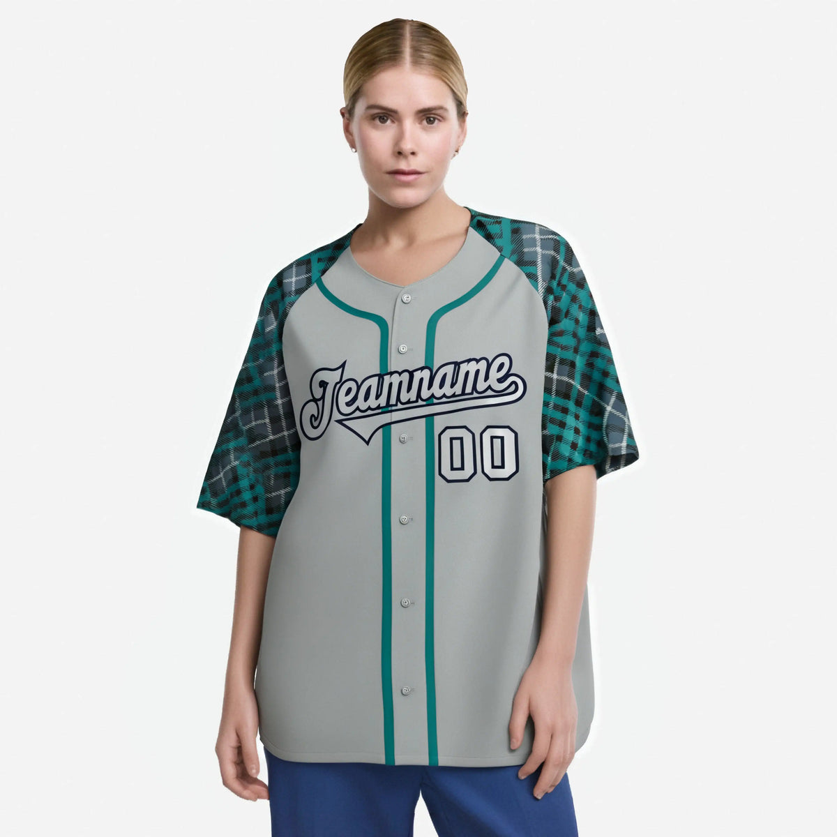 Custom Gray Midnight-Green Navy Authentic Plaid sleeve Baseball Jersey