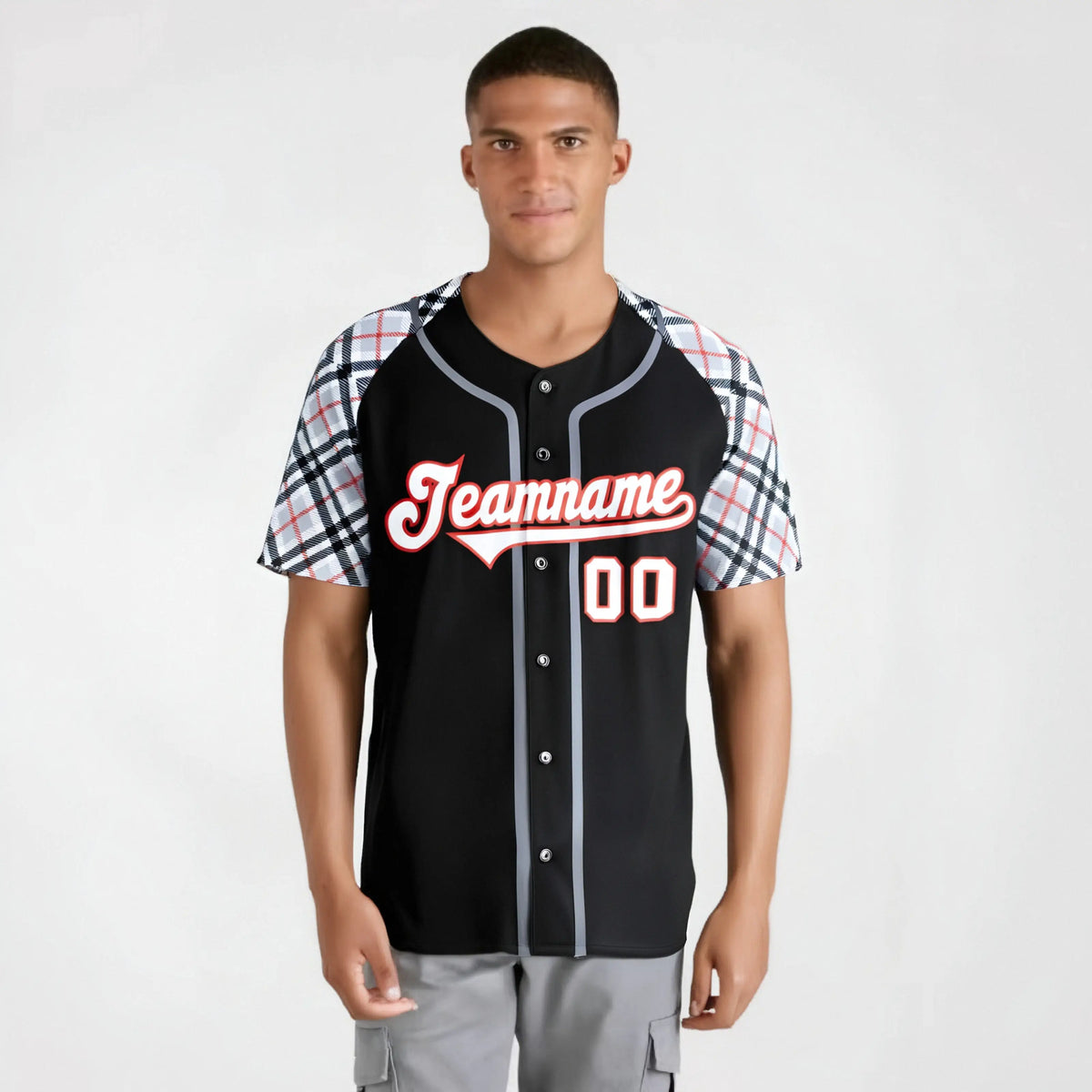 Custom Black Gray-Red Authentic Plaid sleeve Baseball Jersey