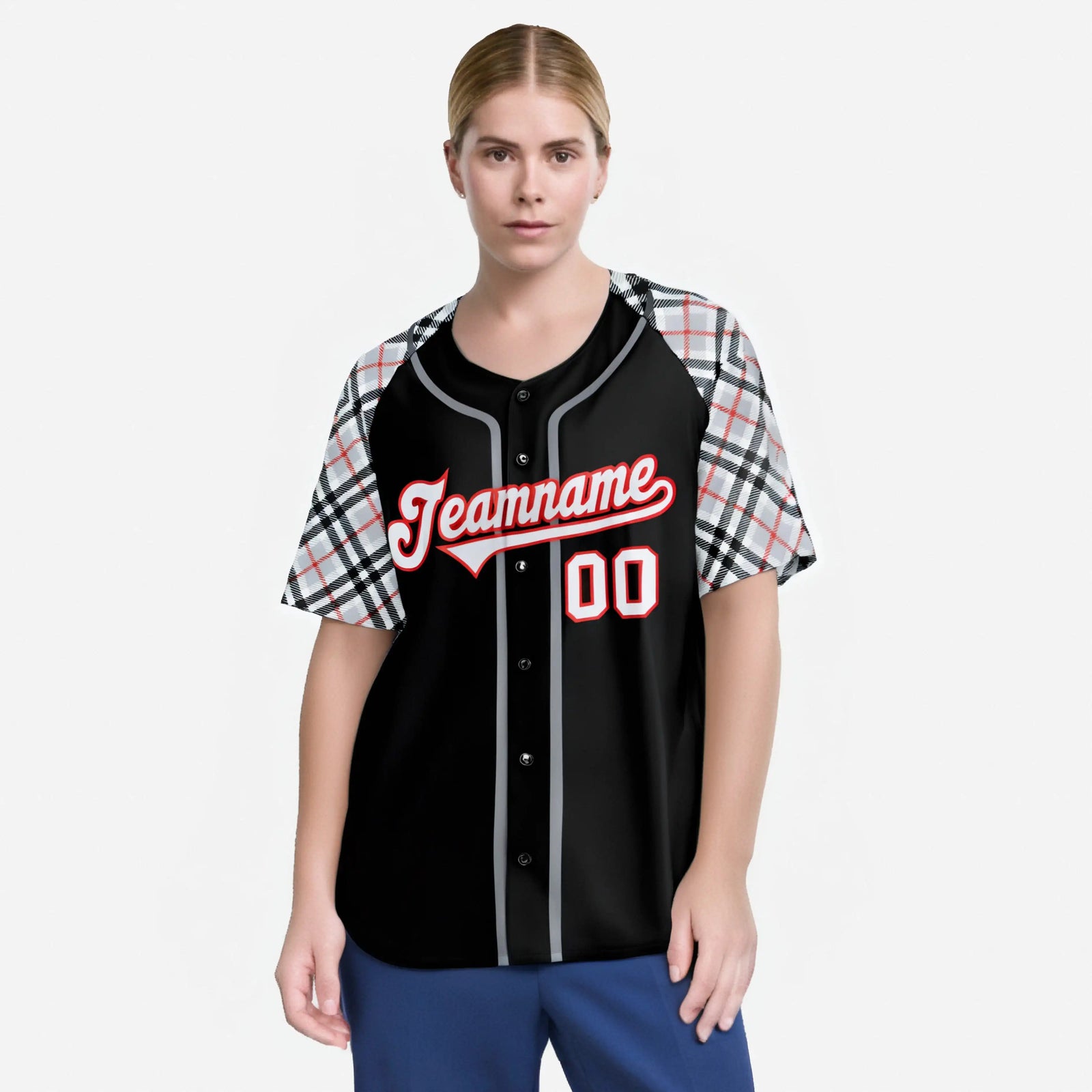 Custom Black Gray-Red Authentic Plaid sleeve Baseball Jersey