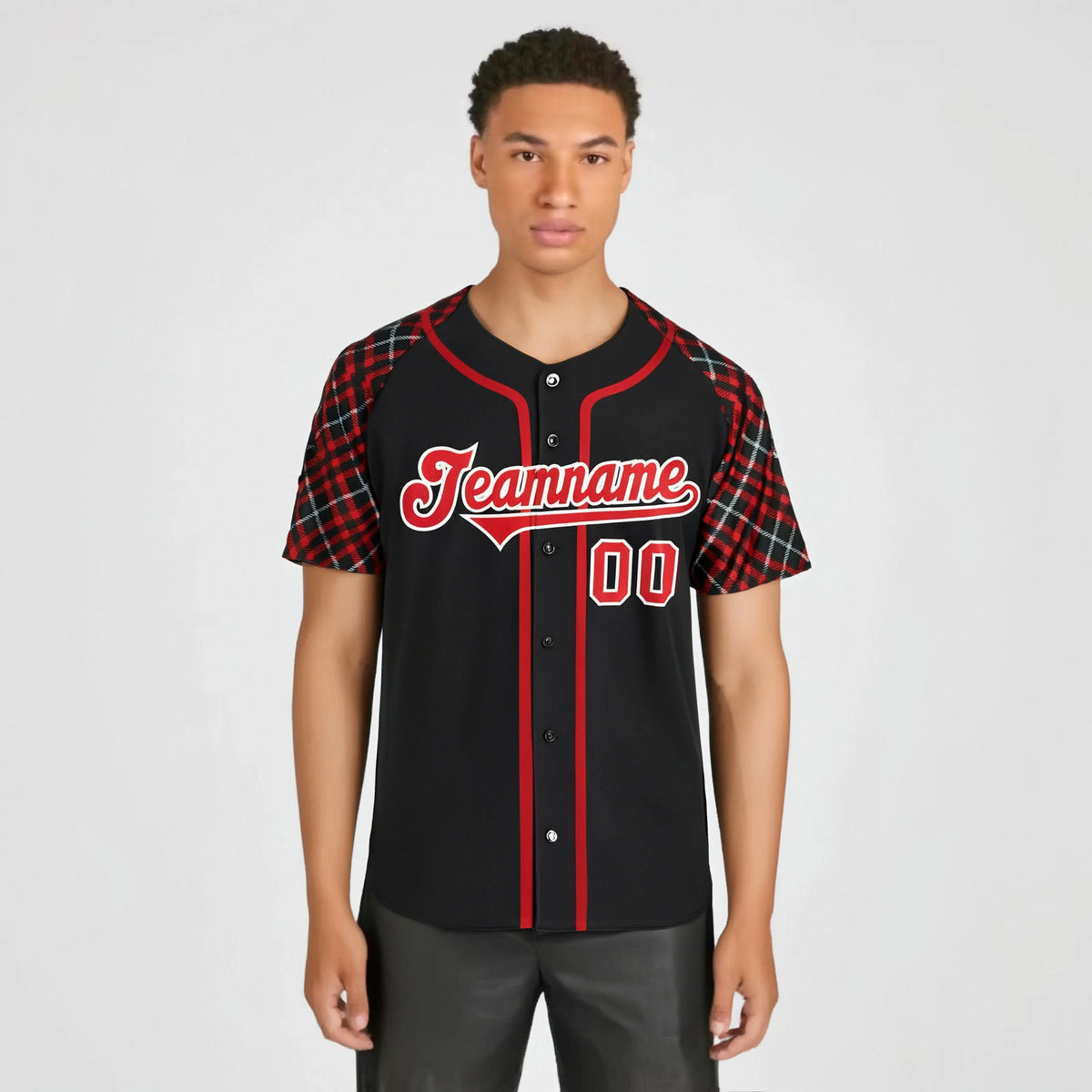 Custom Black Crimson-White Authentic Plaid sleeve Baseball Jersey