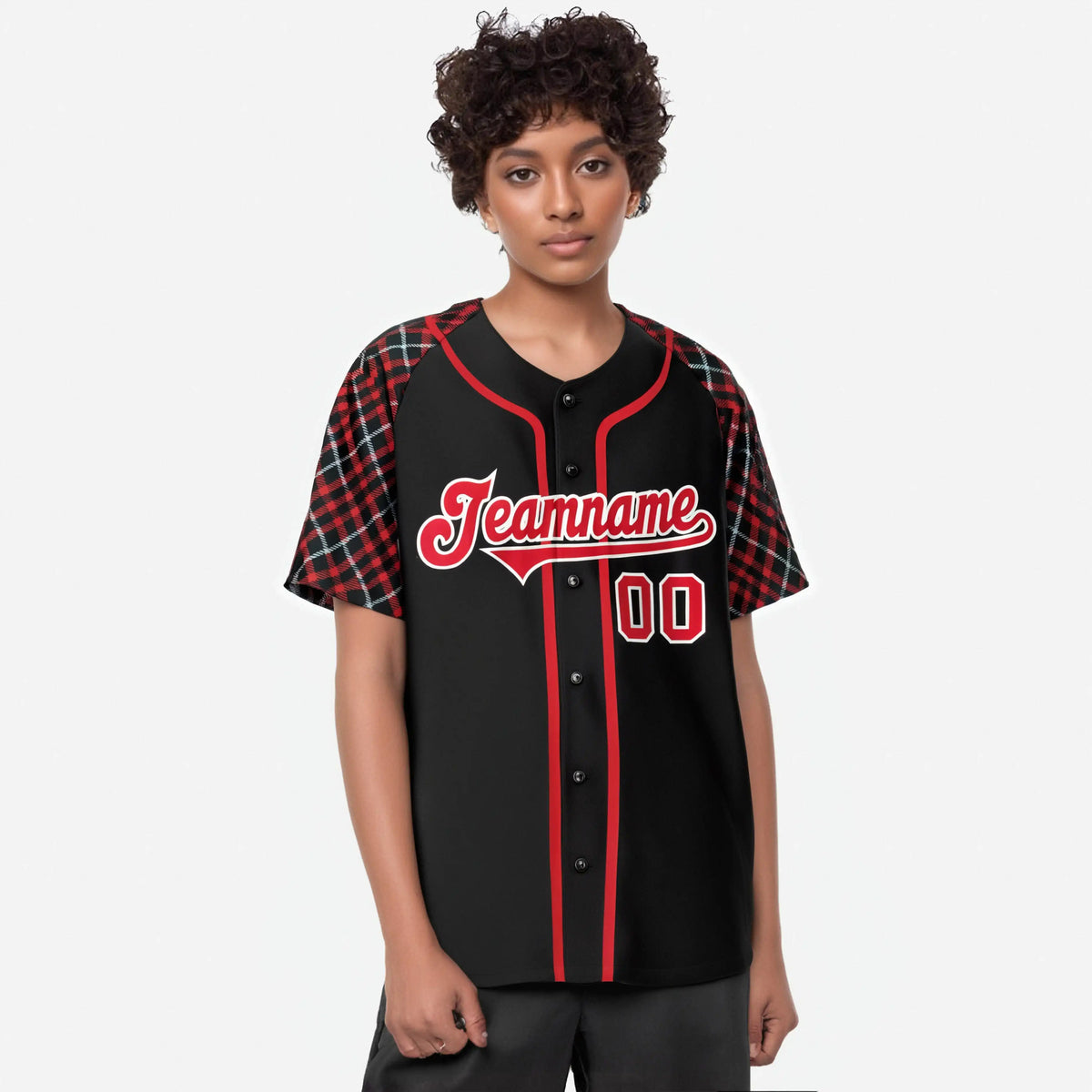 Custom Black Crimson-White Authentic Plaid sleeve Baseball Jersey