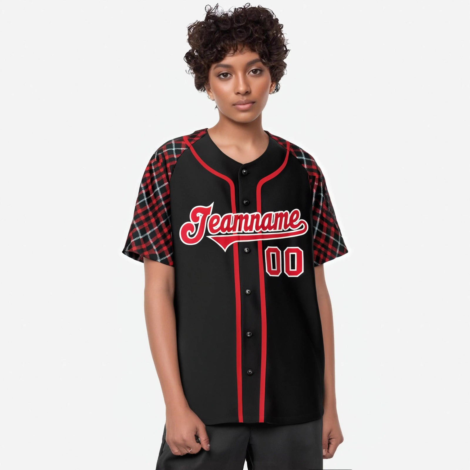 Custom Black Crimson-White Authentic Plaid sleeve Baseball Jersey