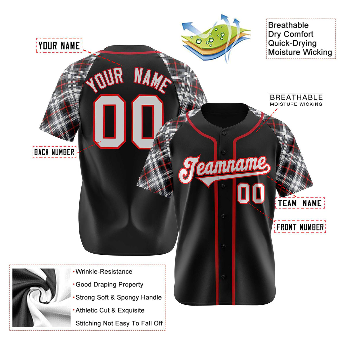 Custom Black Red-White Authentic Plaid sleeve Baseball Jersey