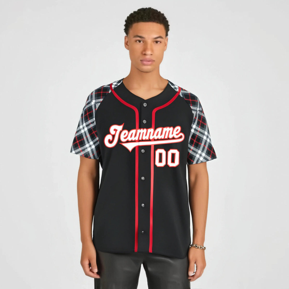 Custom Black Red-White Authentic Plaid sleeve Baseball Jersey