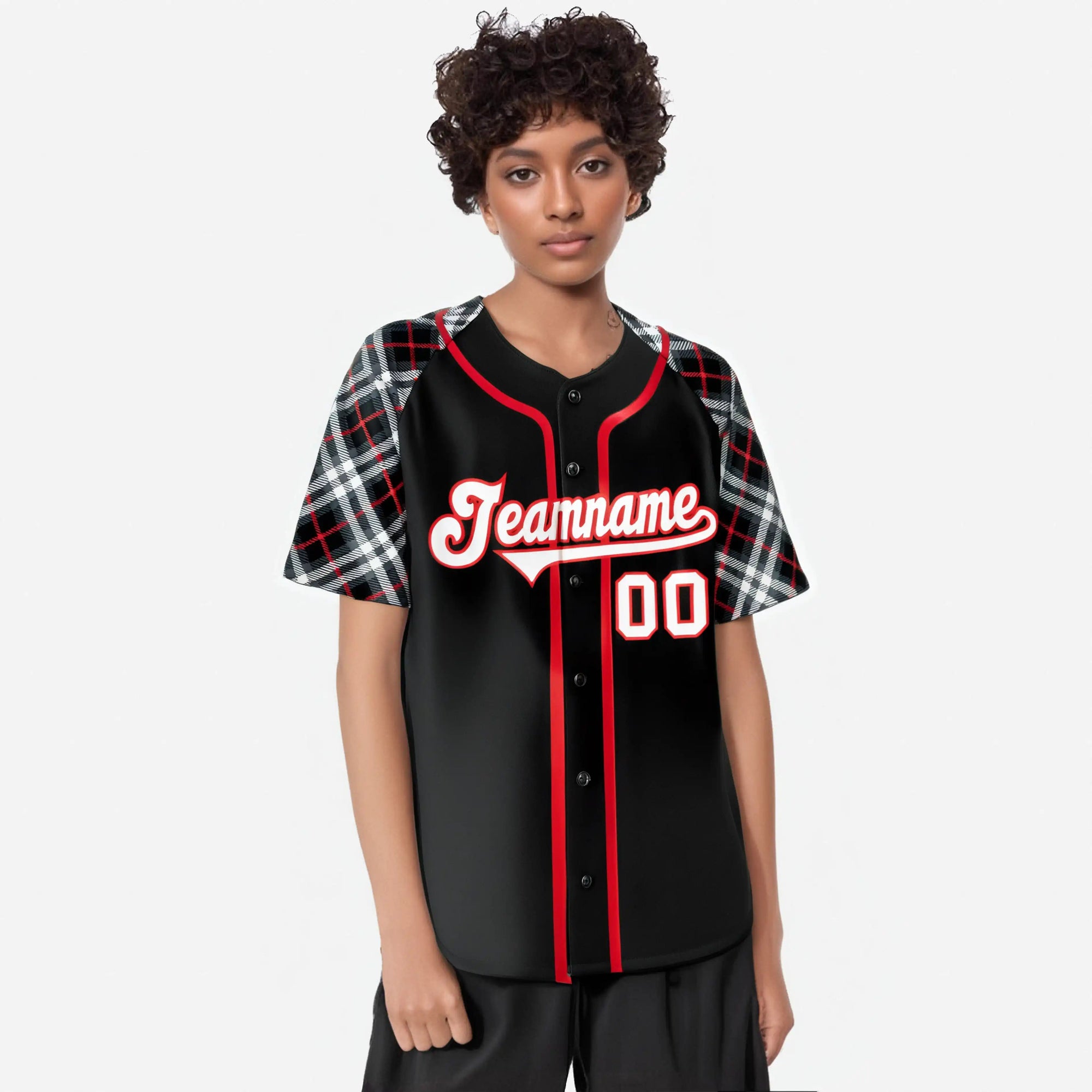 Custom Black Red-White Authentic Plaid sleeve Baseball Jersey