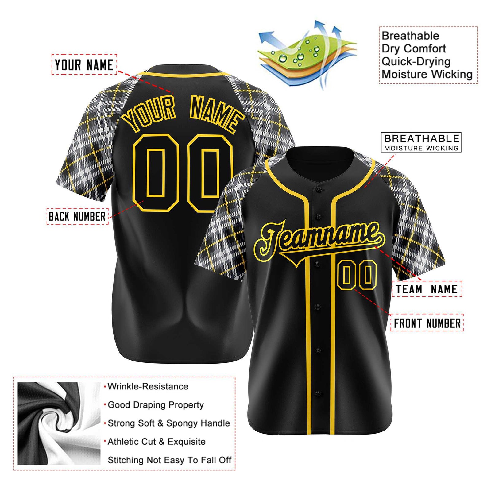 Custom Black Yellow-White Authentic Plaid sleeve Baseball Jersey