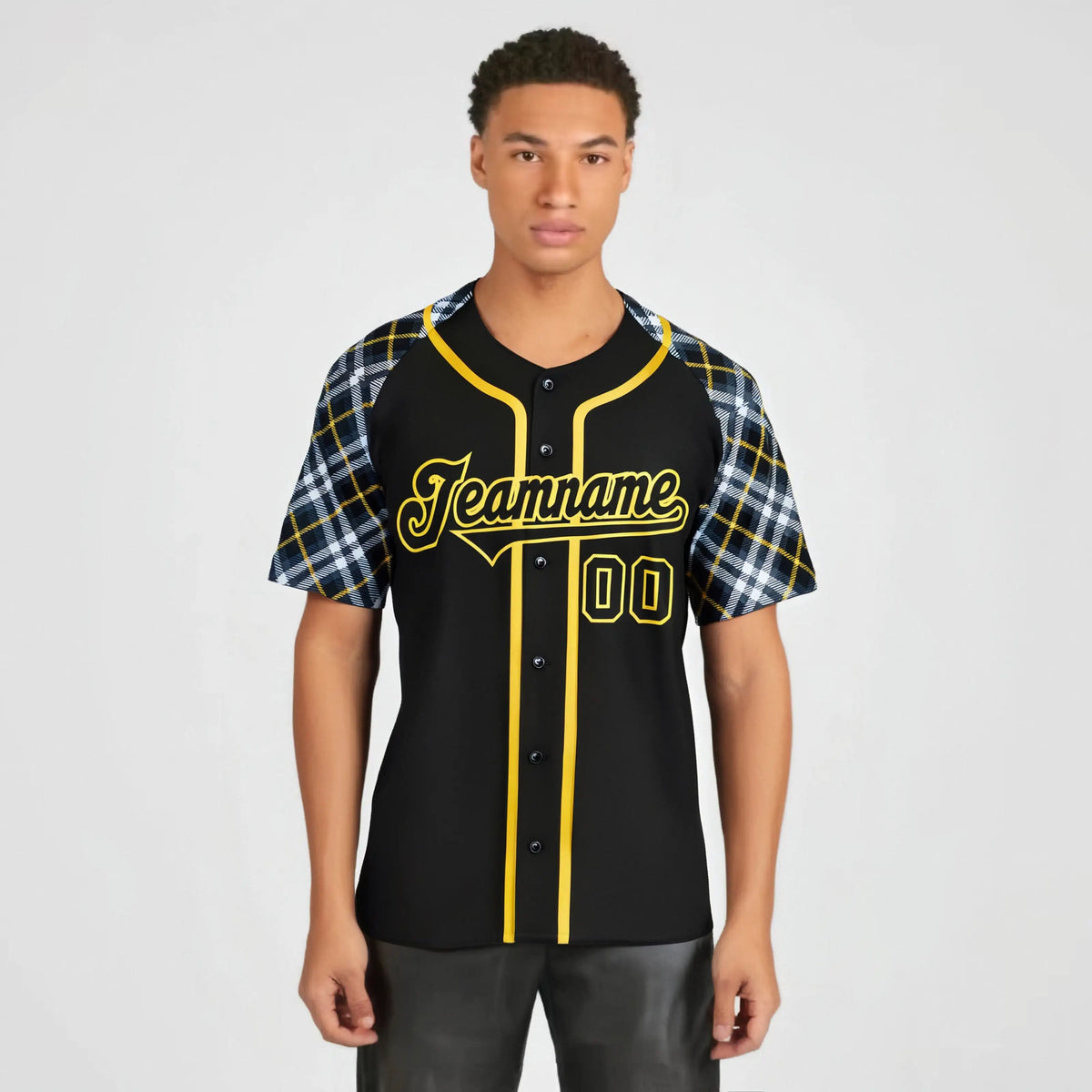 Custom Black Yellow-White Authentic Plaid sleeve Baseball Jersey