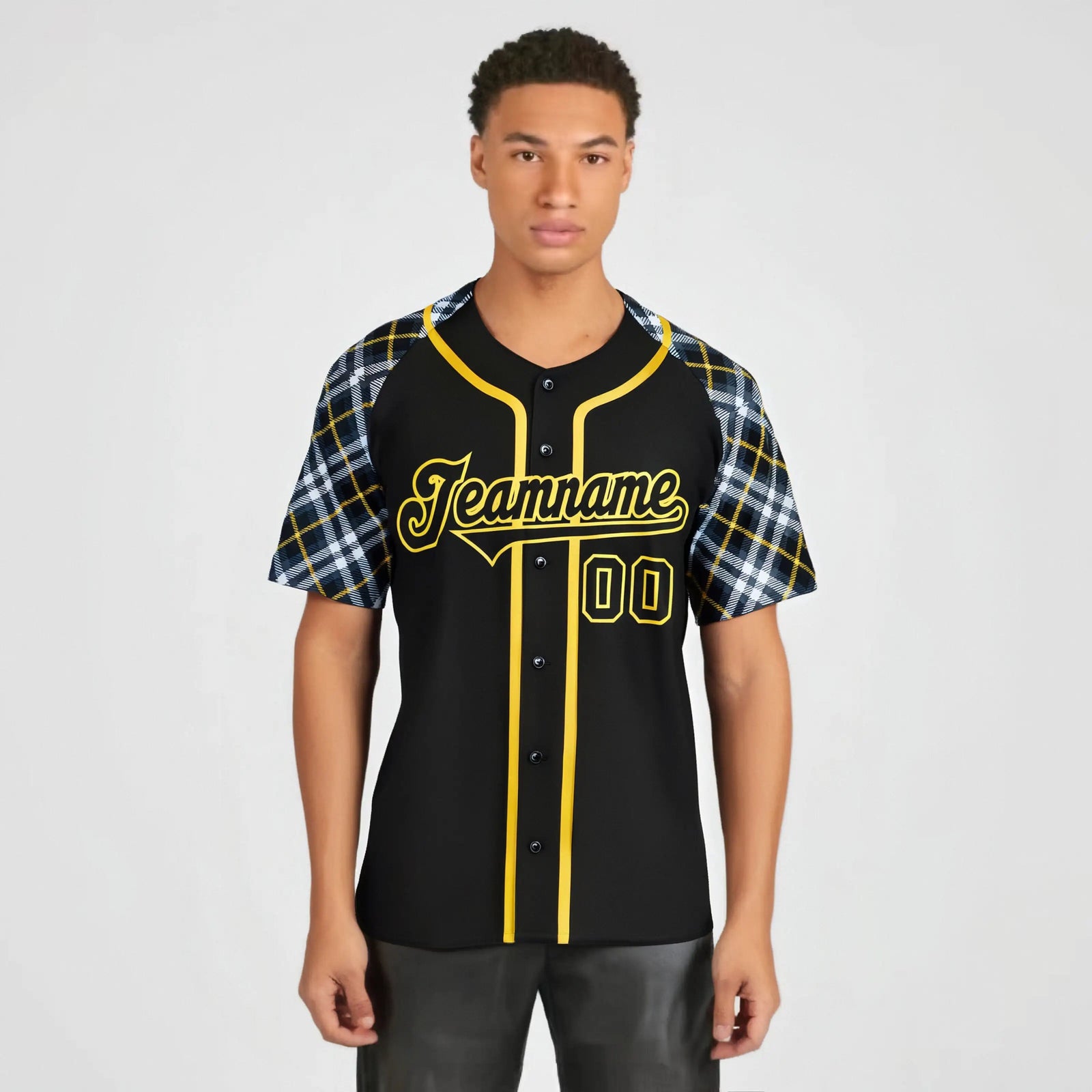 Custom Black Yellow-White Authentic Plaid sleeve Baseball Jersey