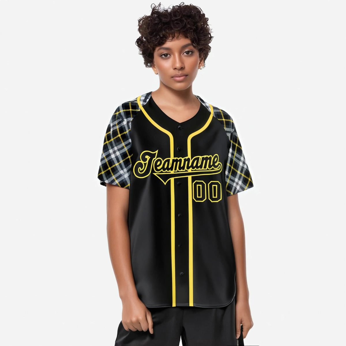 Custom Black Yellow-White Authentic Plaid sleeve Baseball Jersey
