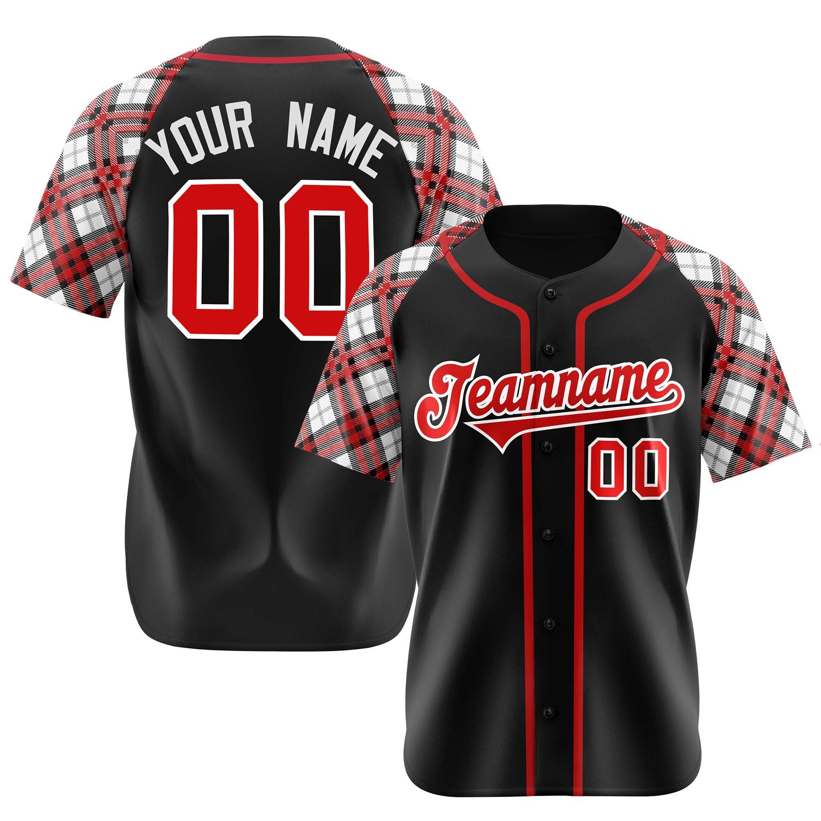 Custom Black Fire-Red White Authentic Plaid sleeve Baseball Jersey