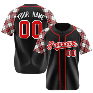 Camiseta de béisbol personalizada con mangas a cuadros, color negro, rojo y blanco. - Style 1