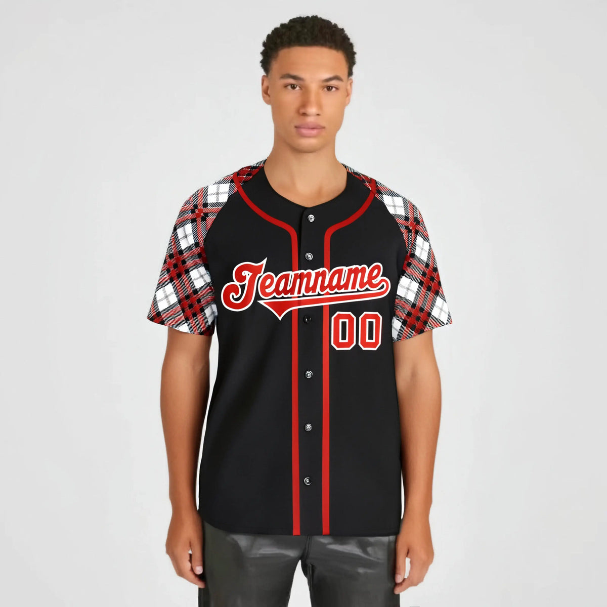 Custom Black Fire-Red White Authentic Plaid sleeve Baseball Jersey