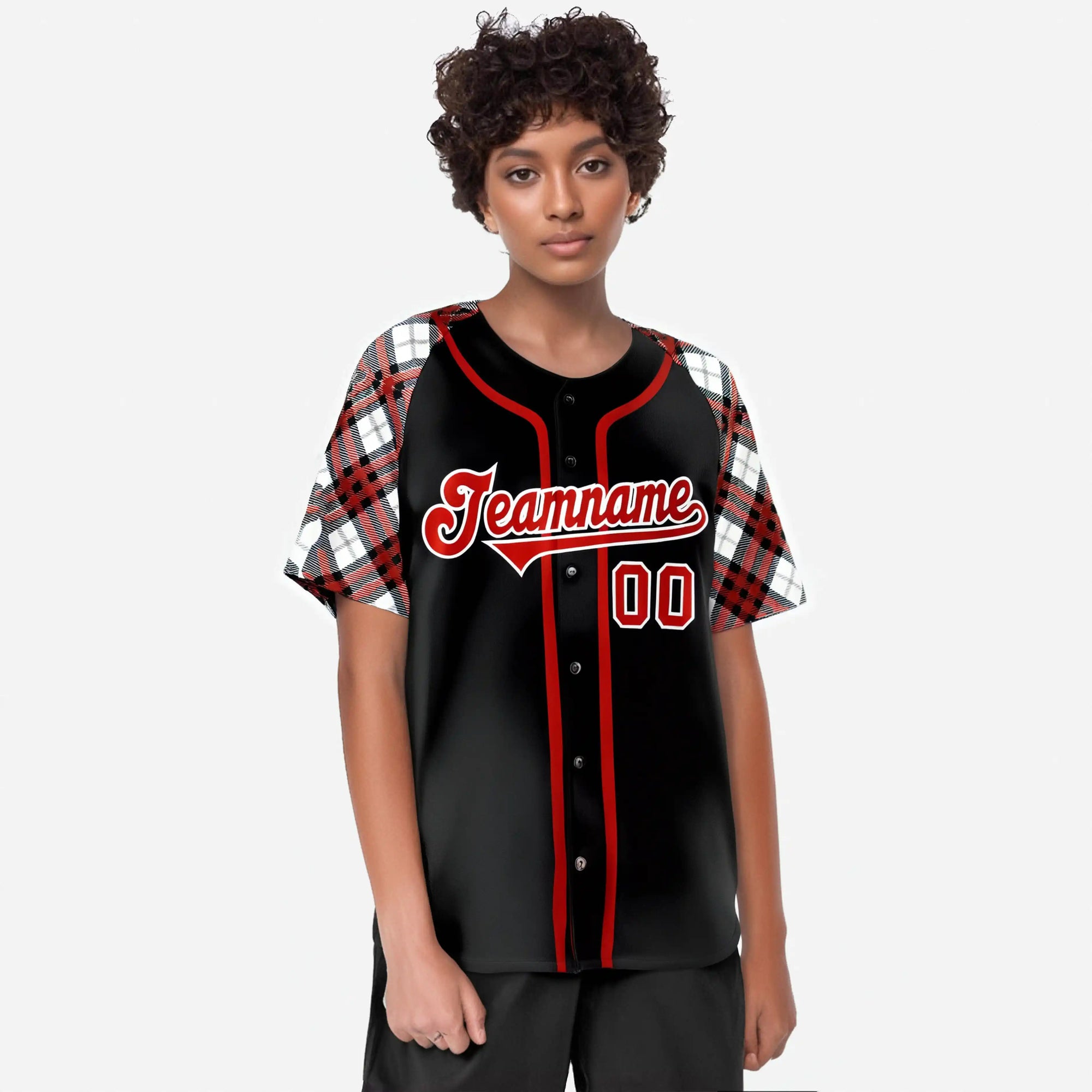 Custom Black Fire-Red White Authentic Plaid sleeve Baseball Jersey