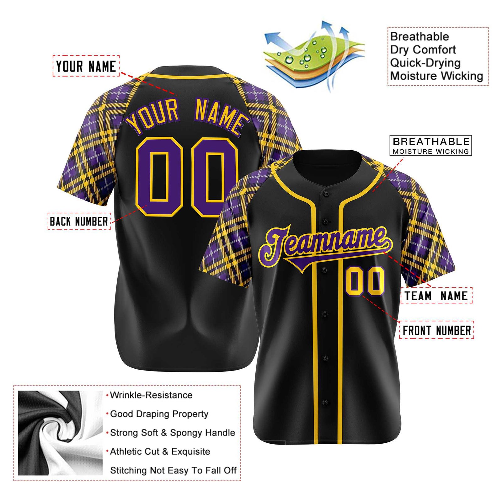 Custom Black Purple-Yellow Authentic Plaid sleeve Baseball Jersey