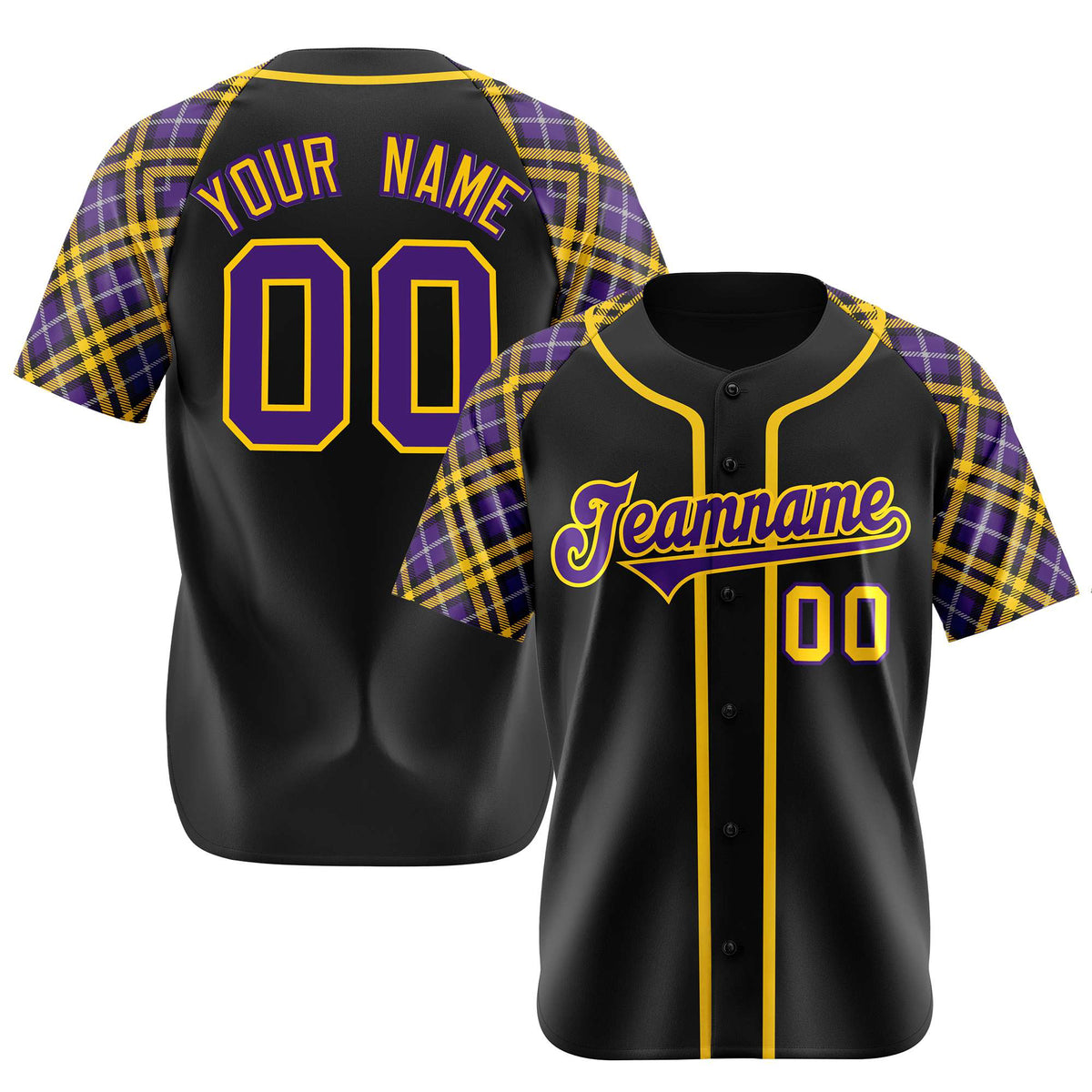 Custom Black Purple-Yellow Authentic Plaid sleeve Baseball Jersey
