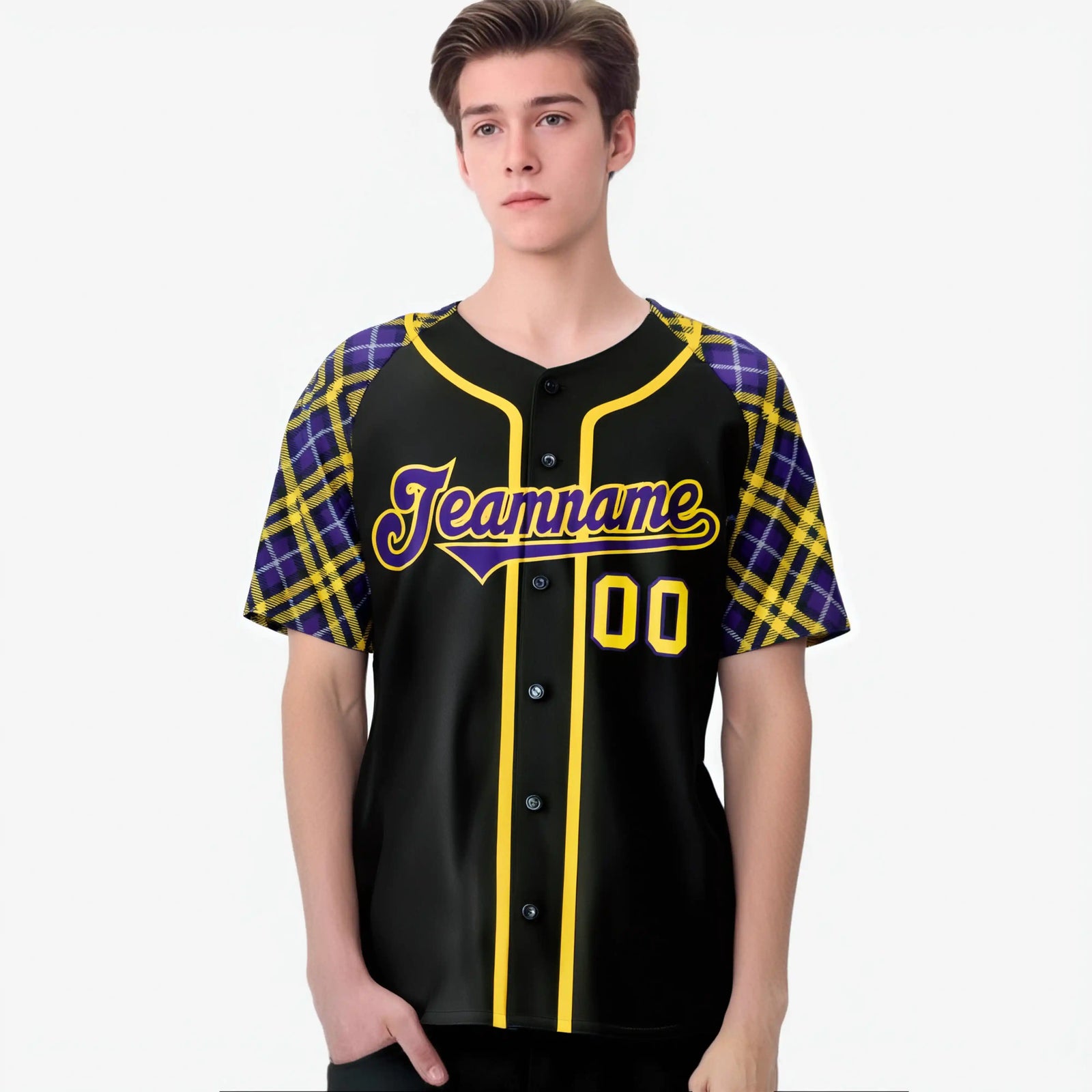 Custom Black Purple-Yellow Authentic Plaid sleeve Baseball Jersey