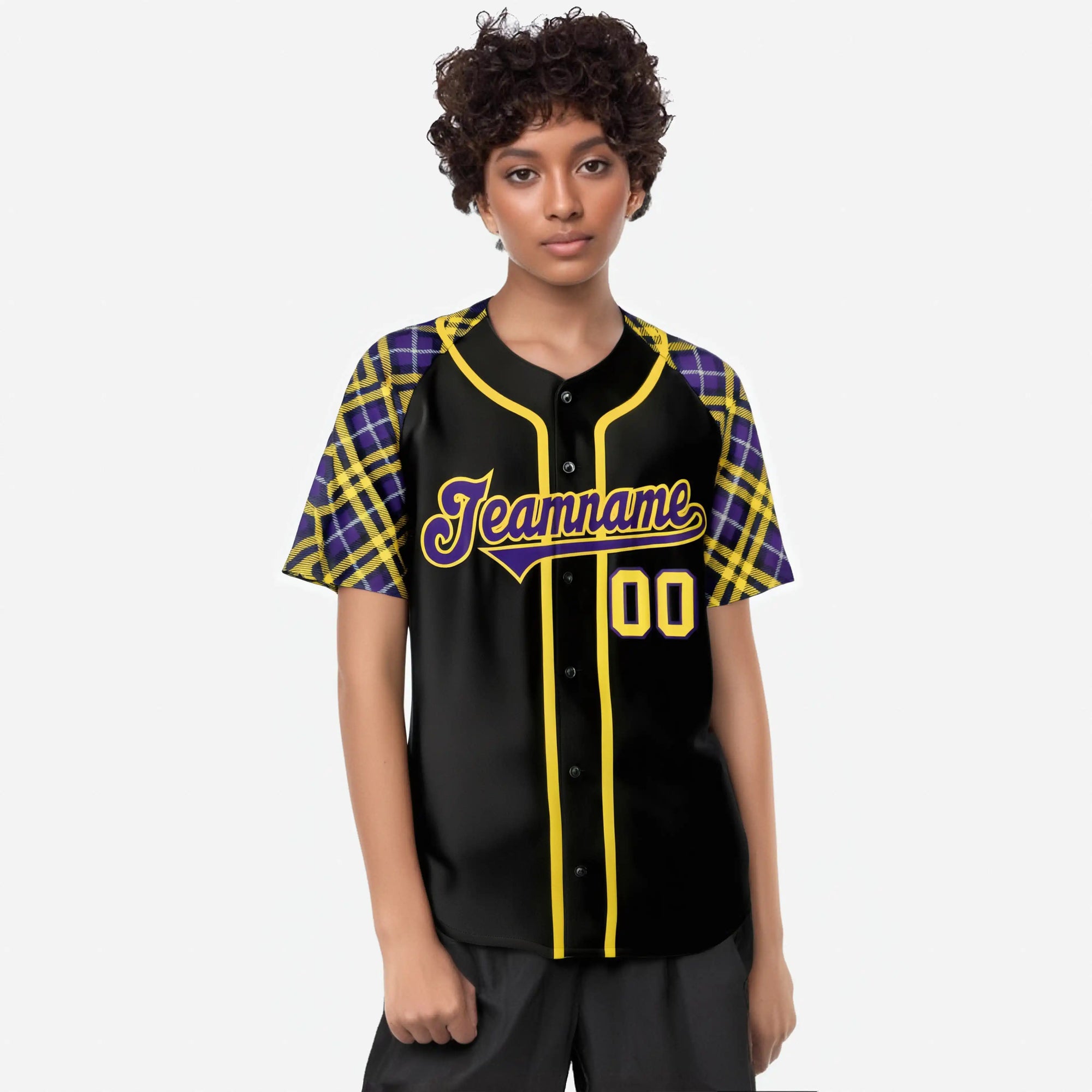 Custom Black Purple-Yellow Authentic Plaid sleeve Baseball Jersey